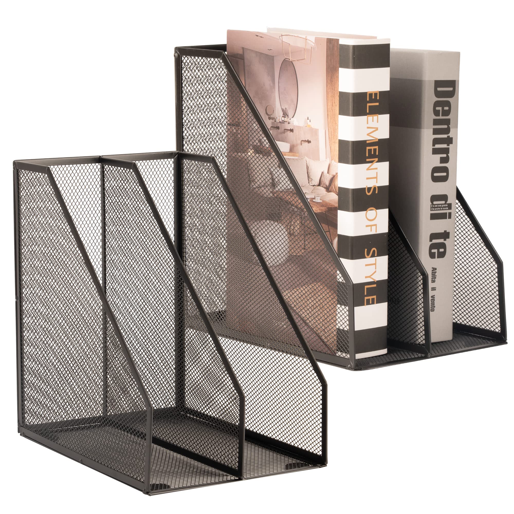 2-Pack Metal Wire Magazine Holders - 2 Compartment Mesh File Organizer for Desk, Office Accessories & Decorative Storage Box (Black) - Perfect for Home Office, Study Desk & Workspace Organization