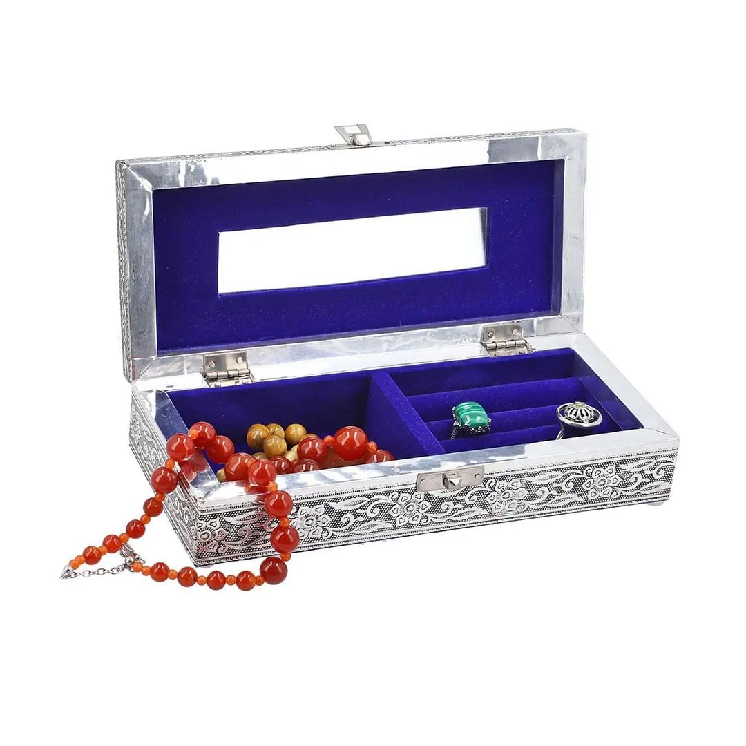 Handcrafted Embossed Aluminum Jewelry Organizer Box for Women - Elegant Oxidized Storage Case with Compartments | Perfect Birthday Gift, Travel Jewelry Case & Vanity Table Organizer