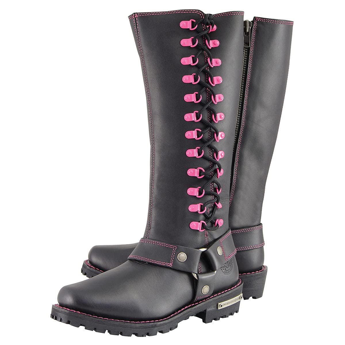 Milwaukee MBL9366 Women's 14-Inch Black Leather Motorcycle Boots with Purple Accent Lacing - Durable Riding Boots for Harley Davidson & Cruiser Bikes