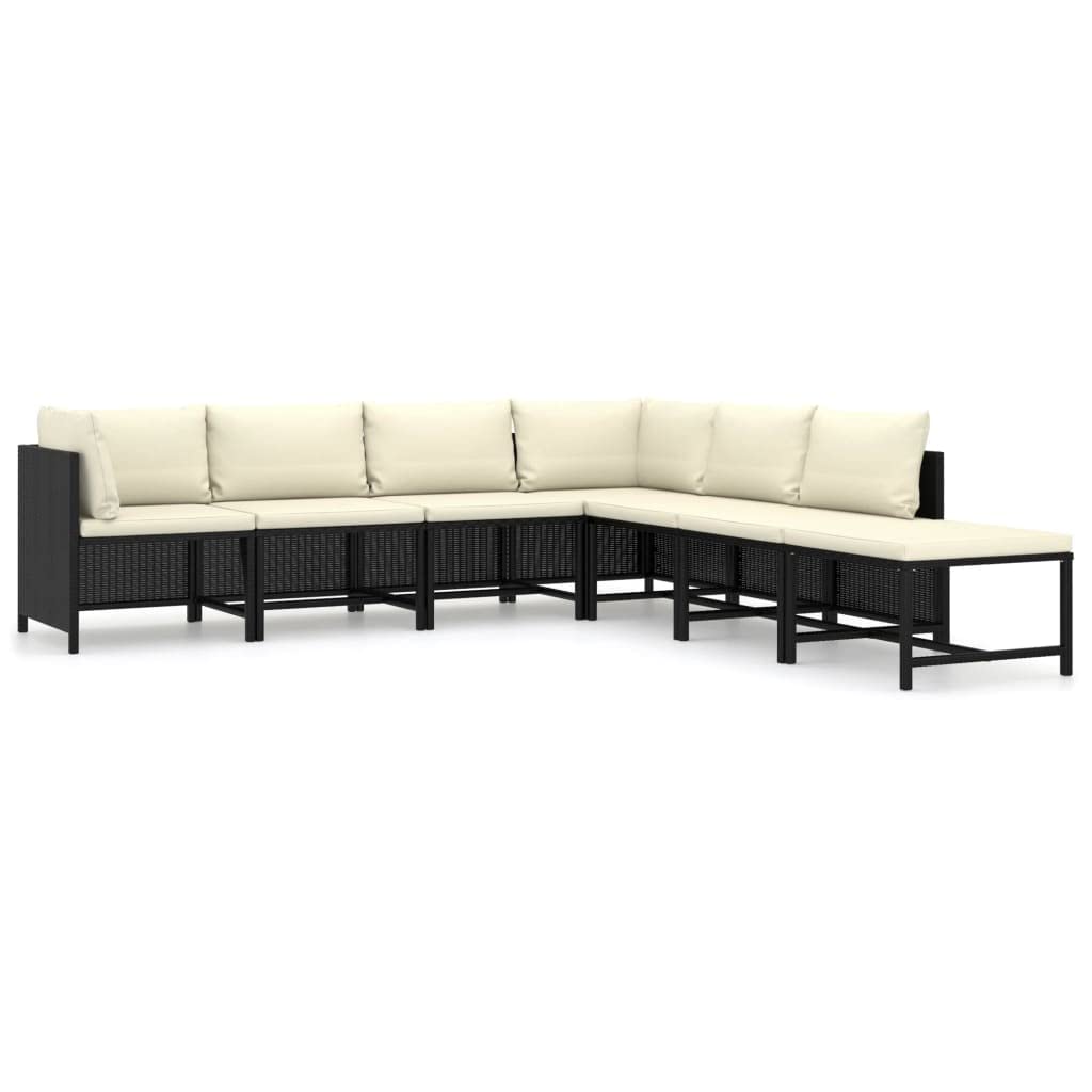 7-Piece Patio Lounge Set with Cushions & Footstool - Modern Farmhouse Style Black Poly Rattan Outdoor Sectional Sofa for Backyard, Garden, and Poolside Relaxation