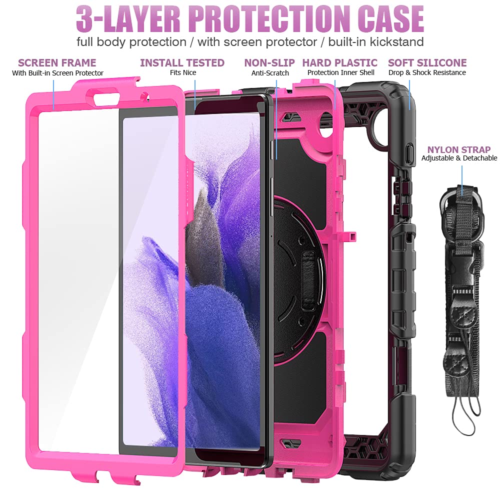 Shockproof Silicone Case for Samsung Galaxy Tab A7 Lite 8.7 Inch 2021 (SM-T220/T225/T227) with Screen Protector, Pencil Holder & 360 Stand - Perfect for Kids, Travel & Home Use - Black + Rosy
