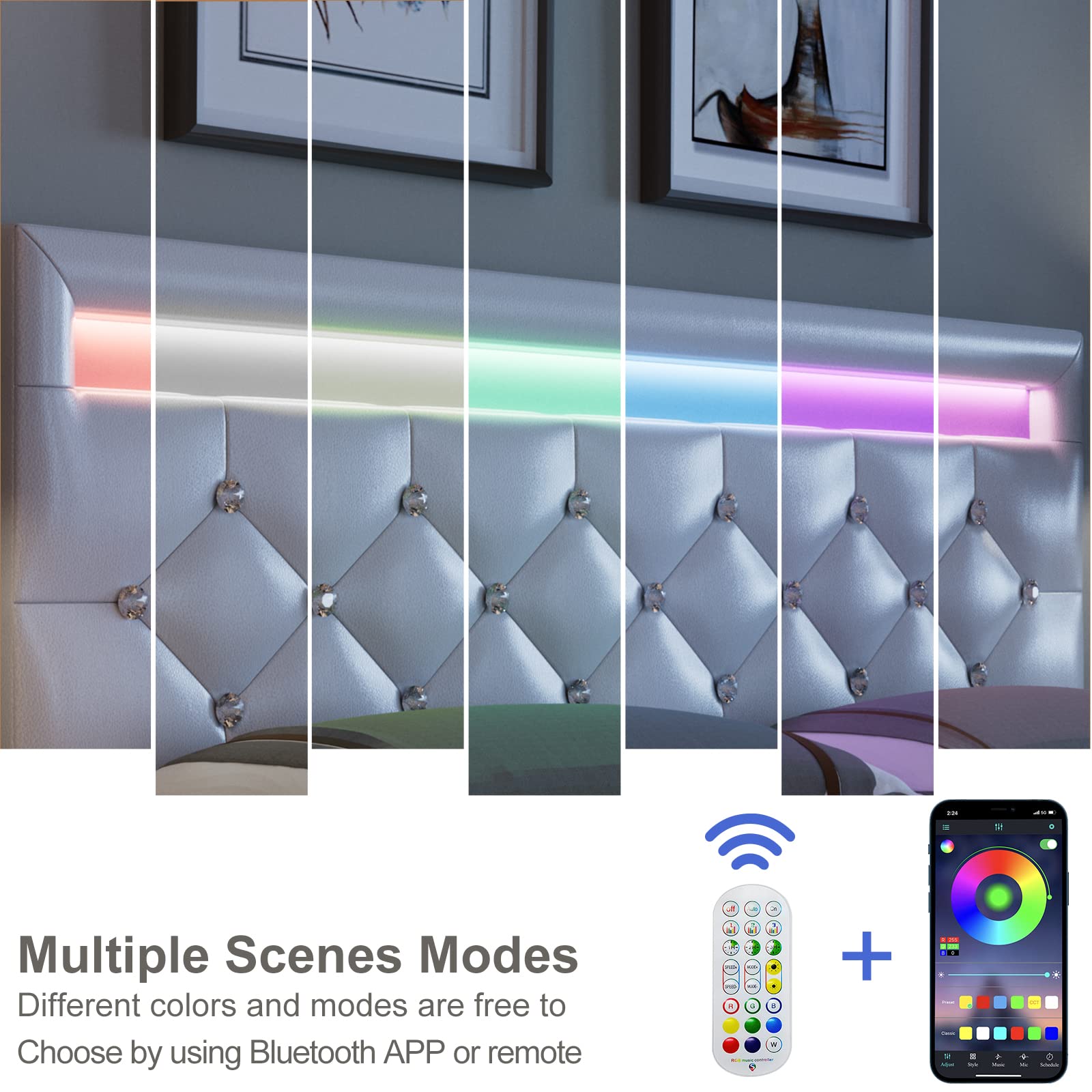 Keyluv Modern Upholstered Queen Bed Frame with LED Lights - Faux Leather Low Profile Platform Bed with Adjustable Crystal Button Tufted Headboard - Sturdy Wood Slat Support - Easy Assembly in White - Perfect for Contemporary Bedrooms, Guest Rooms & LED Lighting Enthusiasts
