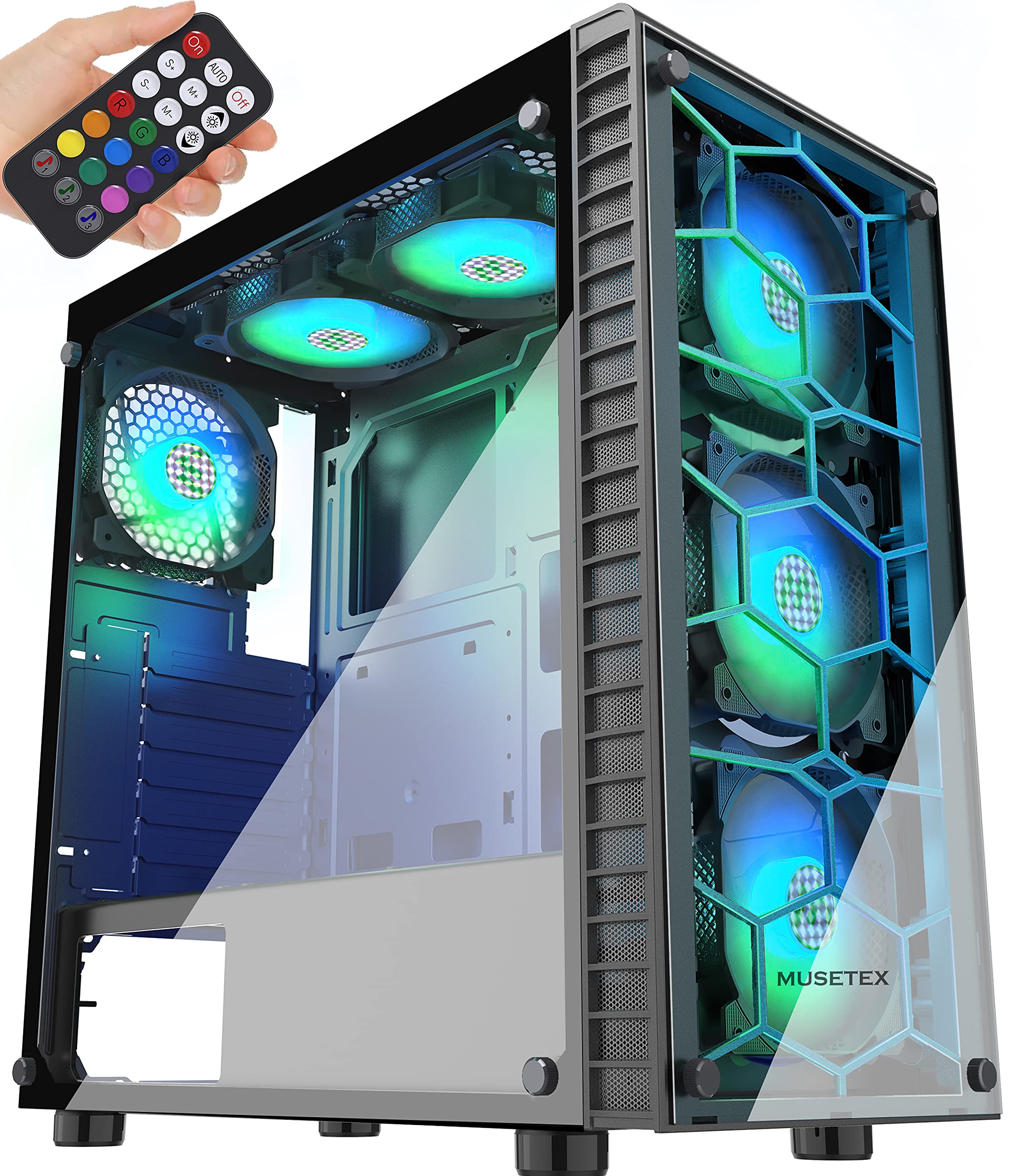 MUSETEX Black ATX Mid-Tower PC Gaming Case with 2 Tempered Glass Panels, USB 3.0 Ports & 6x 120mm ARGB Fans - High Airflow Computer Case for Gaming Rigs, Workstations & Custom PC Builds