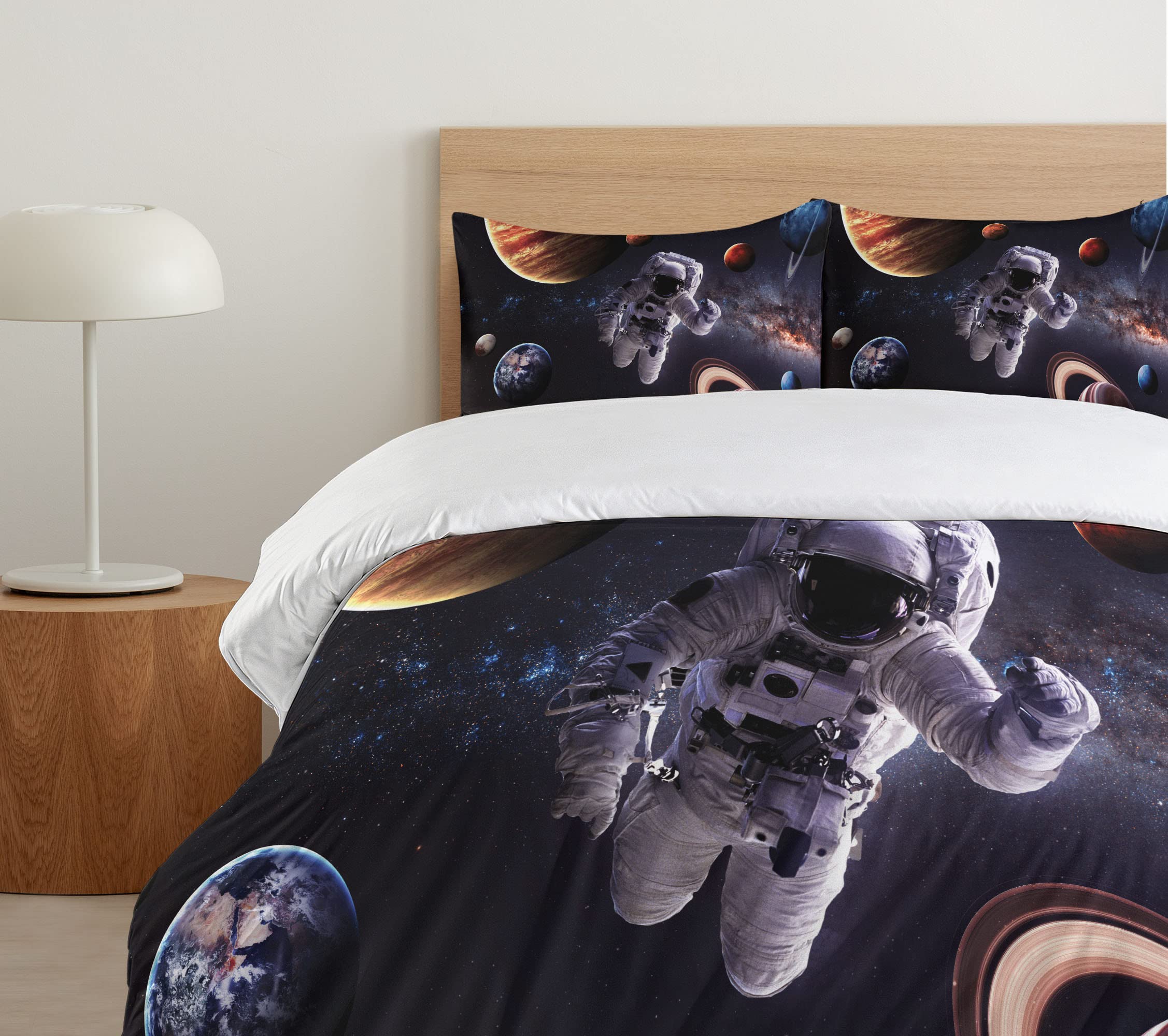 Ambesonne Outer Space Duvet Cover Set - Astronaut & Planets Design (Mars, Neptune, Jupiter) - 3 Piece Bedding Set with 2 Pillow Shams - California King Size - Dark Blue - Perfect for Sci-Fi Themed Bedrooms & Space Enthusiasts