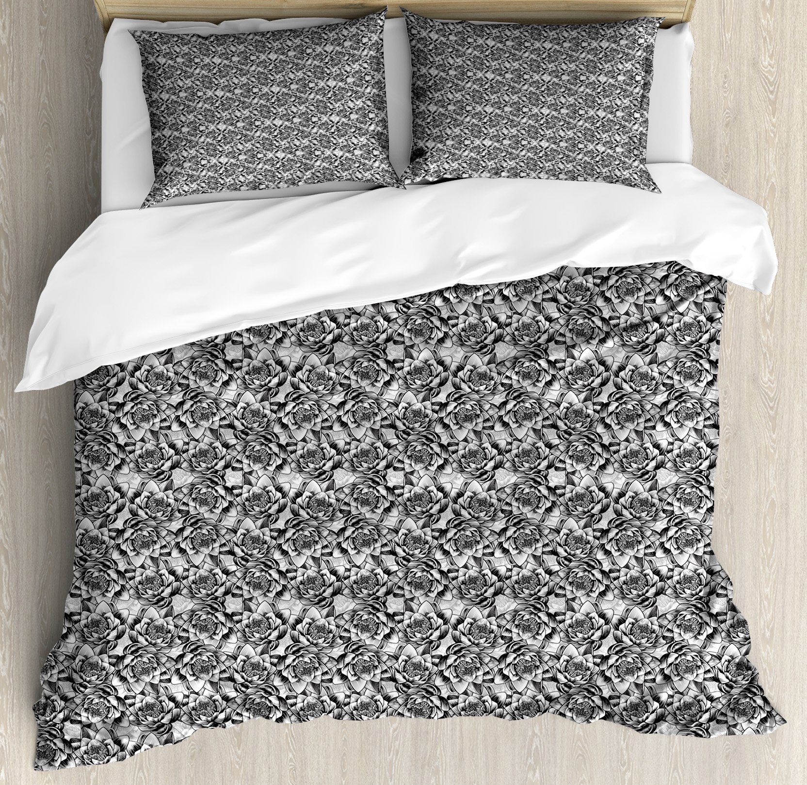 Ambesonne Floral Duvet Cover Set - Monochrome Water Lilies Design Sketch Style, 3-Piece King Size Bedding Set with 2 Pillow Shams, Black and White | Perfect for Modern Bedroom Decor, Guest Room, and Water Lily Themed Interiors