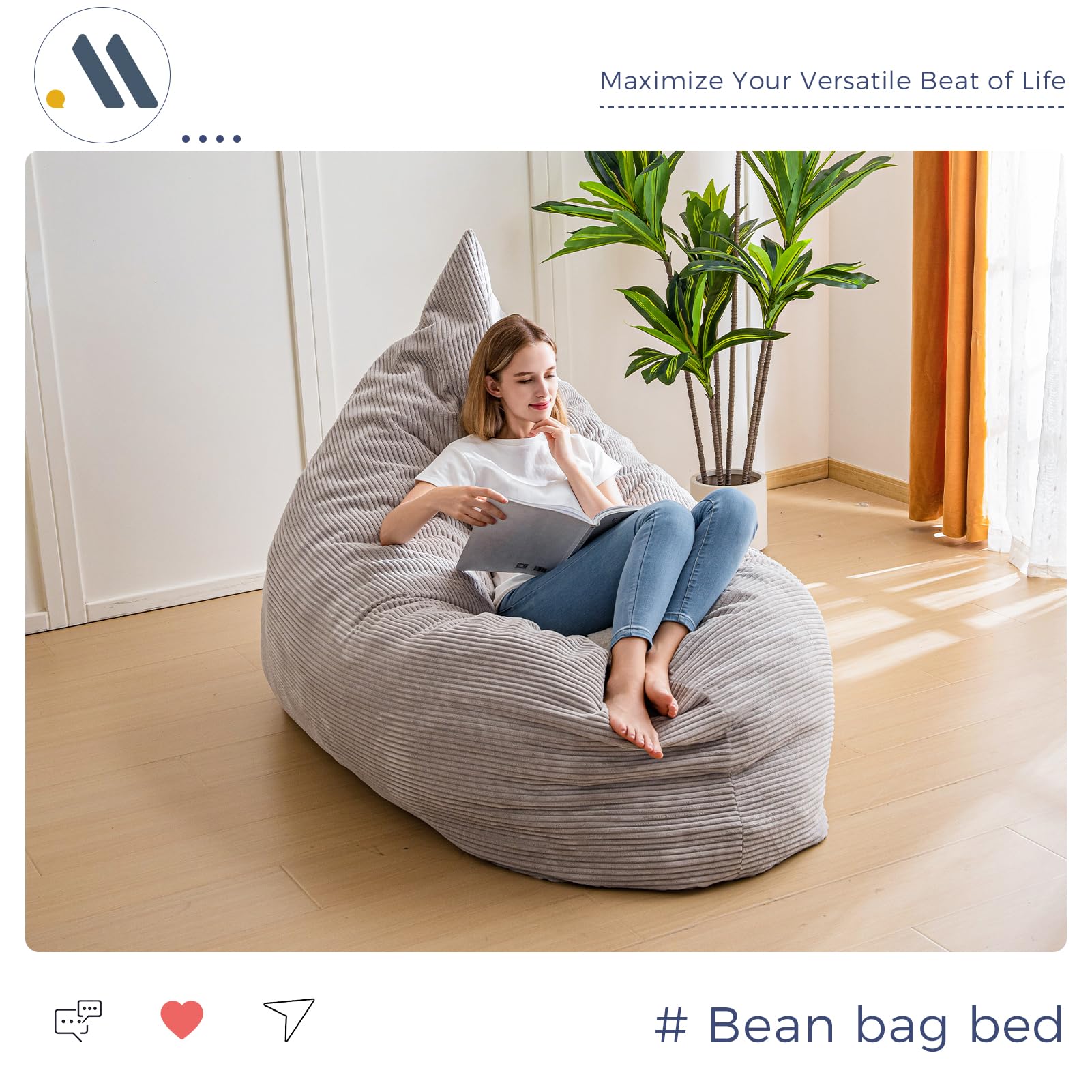 MAXYOYO 3-in-1 Bean Bag Chair - Giant Comfy Pillow Lounger for Living Room, Bedroom & Dorm - Soft Grey Memory Foam Furniture for Relaxing, Gaming & Reading
