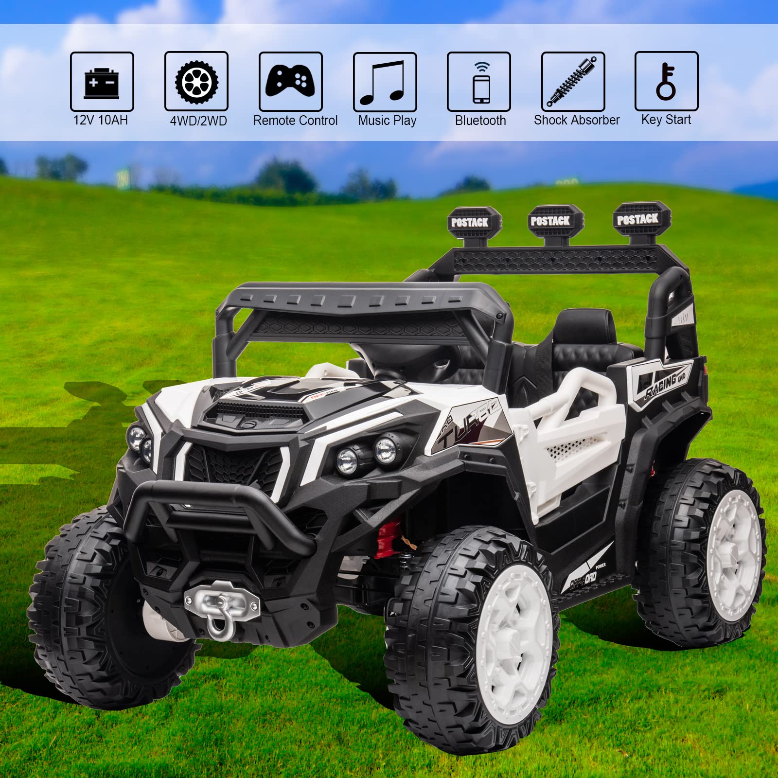 POSTACK 24V Kids Electric Ride On Car with Parent Remote Control - 2WD/4WD Battery Powered Toy UTV with Music, LED Lights, Bluetooth & Storage Trunk - Perfect for Outdoor Play, Birthday Gifts & Family Fun (White)