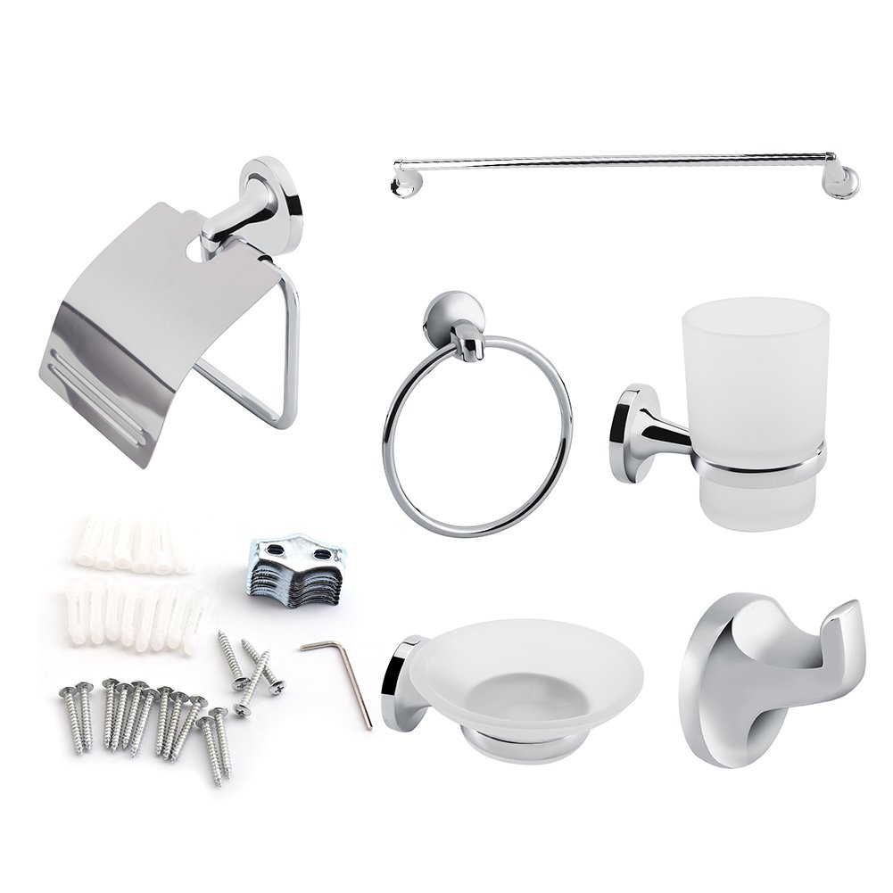 6-Piece Chrome Plated Zinc Towel Bar Set - Wall Mounted Bathroom Towel Holder for Shower, Spa & Home Decor (Includes Towel Rack & Hooks)