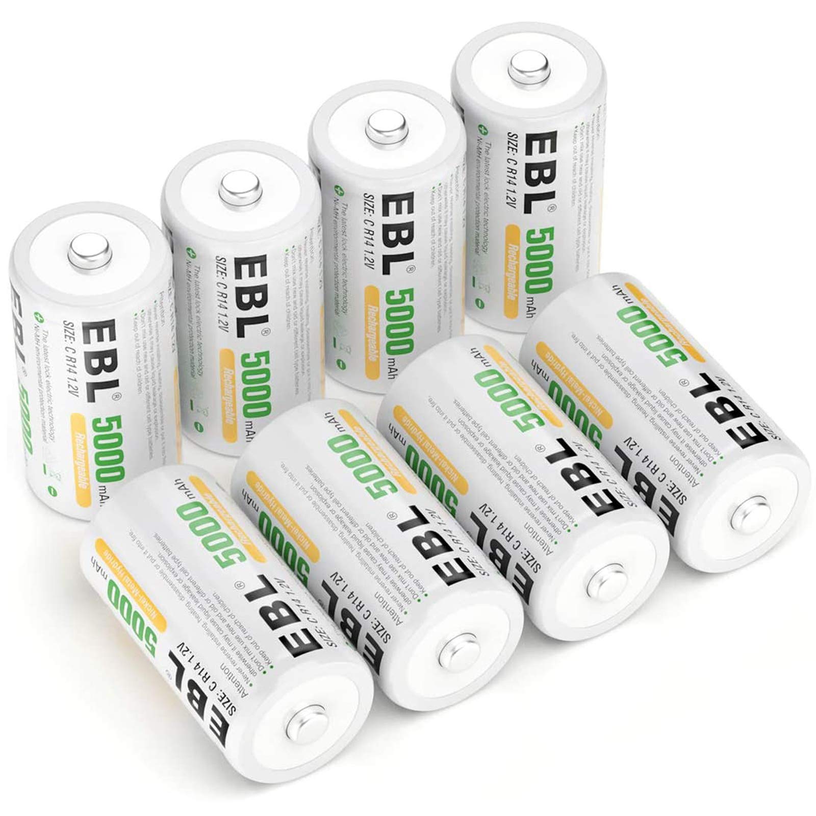 EBL 5000mAh Rechargeable C Batteries - 8 Pack Ni-MH C Size Batteries for Flashlights, Toys, Radios & Emergency Devices