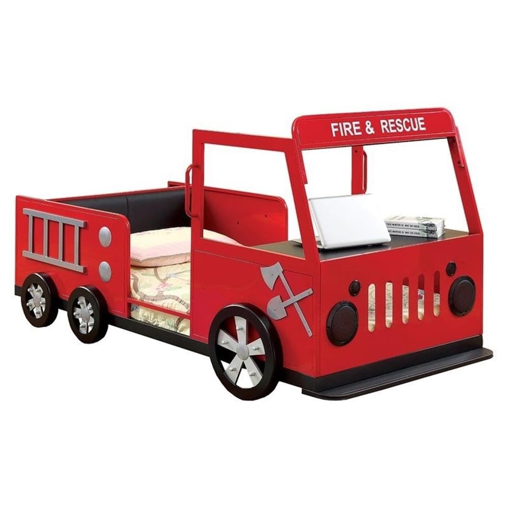 Furniture of America Jennen Novelty Metal Fire Truck Twin Bed in Red - Kids Themed Bedroom Furniture for Boys - Perfect for Firefighter-Themed Rooms & Play Areas