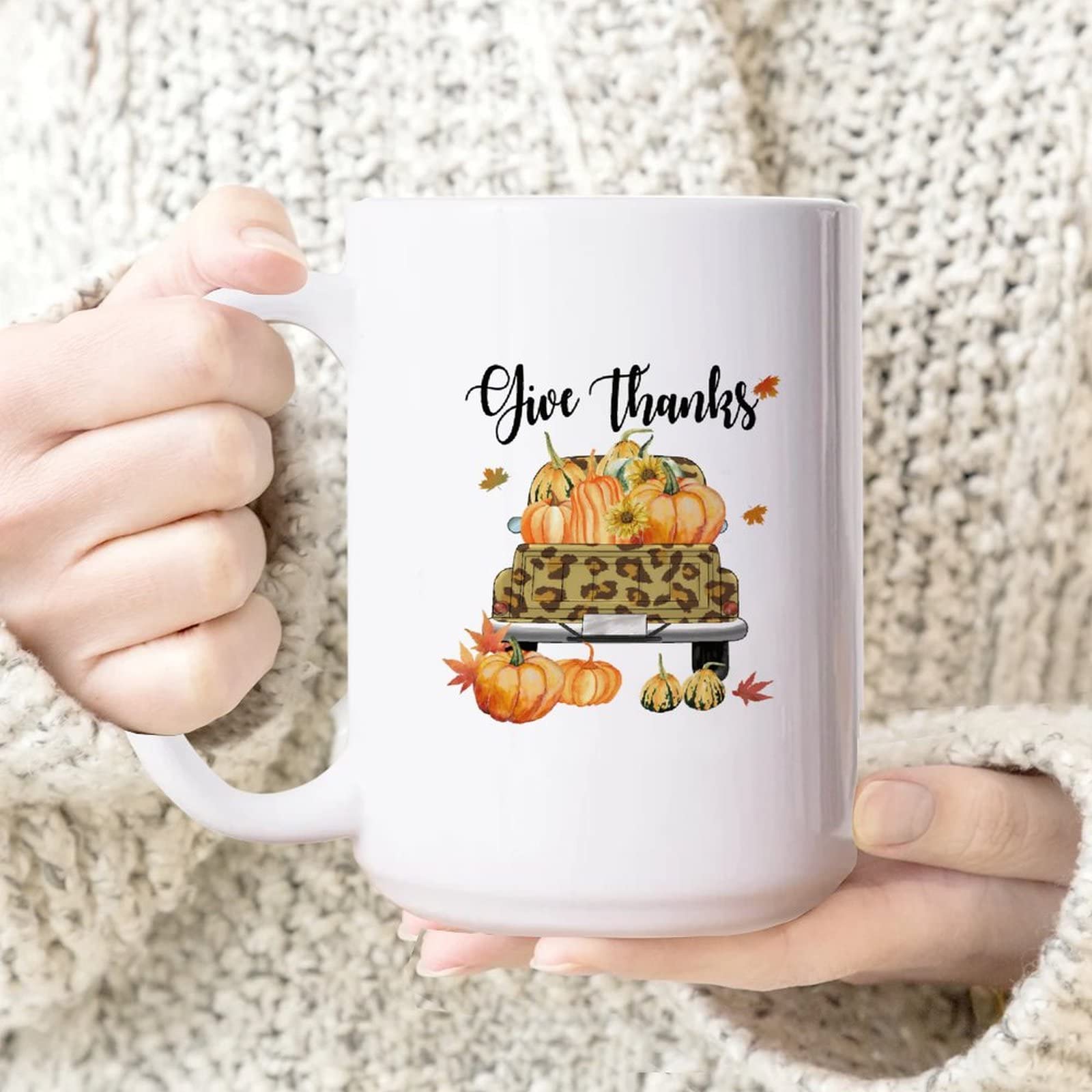 15oz White Ceramic Coffee Mug - Autumn Fall Truck with Pumpkins Design, Thanksgiving Themed Cup for Coffee, Tea, Milk & Juice - Funny Gift for Sister, Brother, Grandparents - Perfect for Holiday Gatherings, Office Use & Cozy Home Mornings