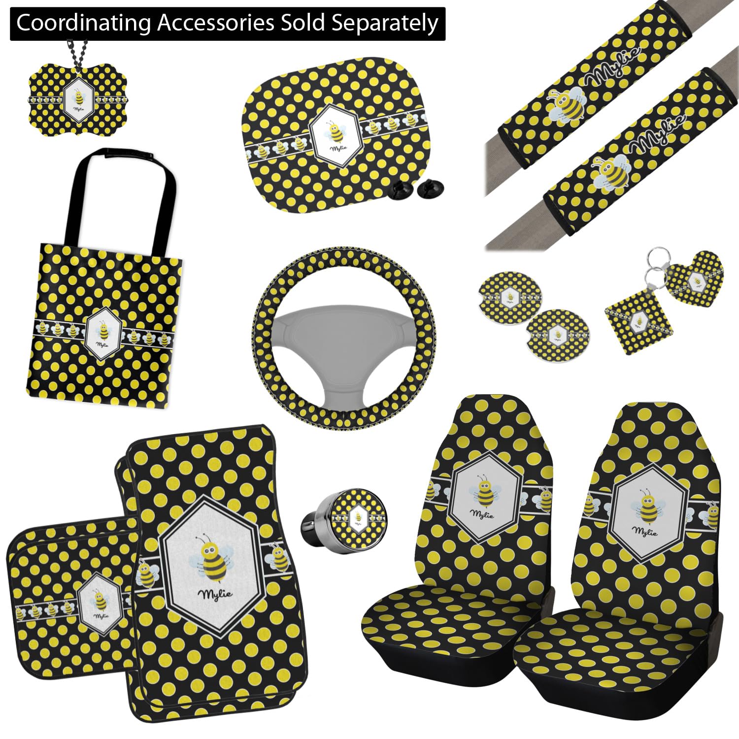 Custom Personalized Bee & Polka Dots Car Floor Mats for Front Seat - Non-Slip, Durable & Washable - Perfect Gift for Car Lovers & Beekeepers - Fits Most Vehicles