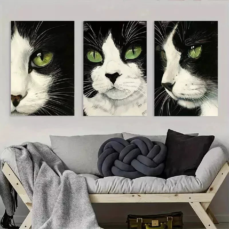 3-Piece Black and White Cat Wall Art Set - Framed Canvas 50x70cm - High Quality Print - 100% Australian Made - Ready to Hang - Perfect for Living Room, Bedroom or Office Decor