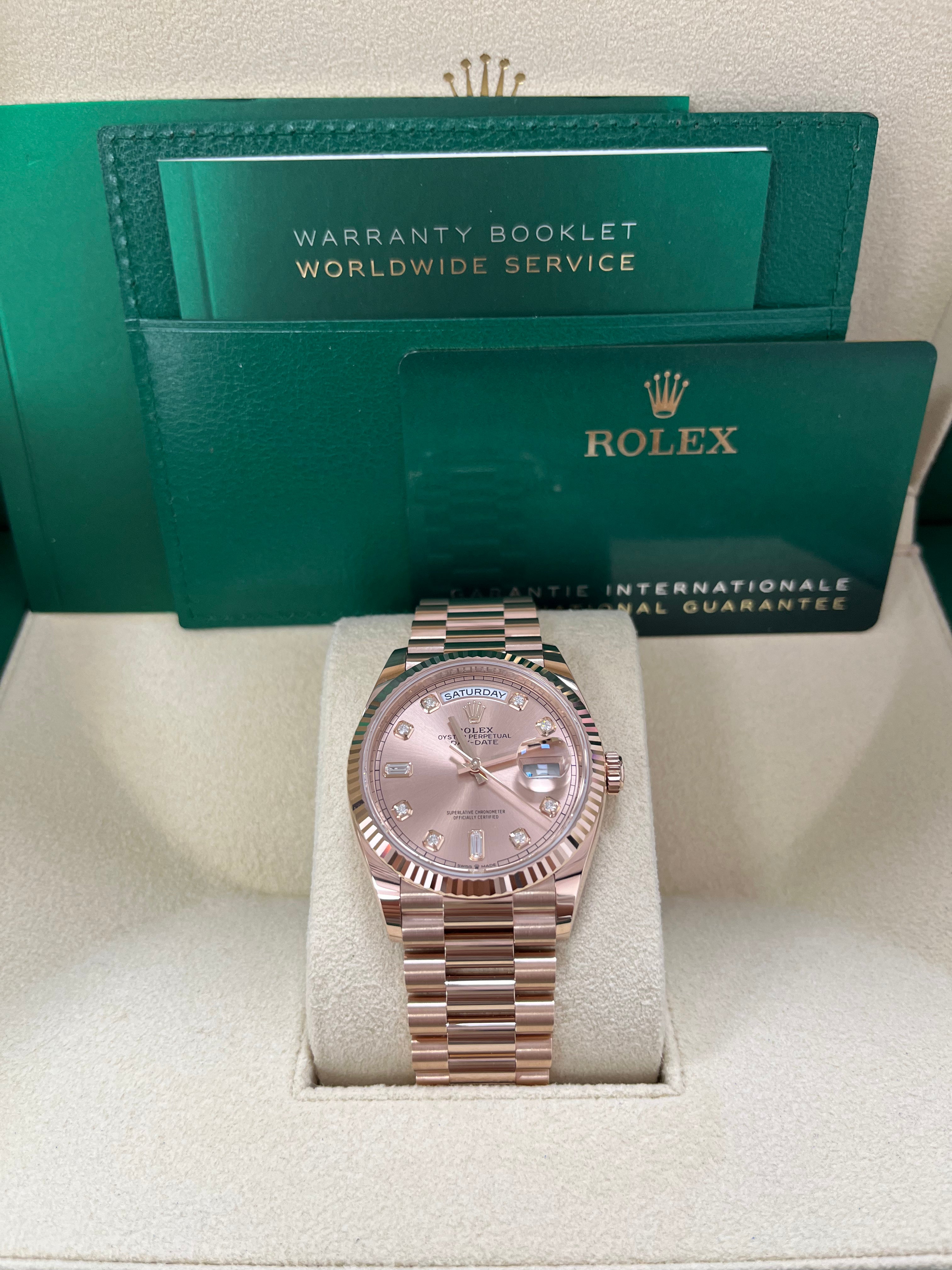 Rolex Day-Date 36 Everose Gold Watch - Fluted Bezel, Rose Diamond Dial, President Bracelet (Ref. 128235) | Luxury Dress Watch for Business & Formal Occasions