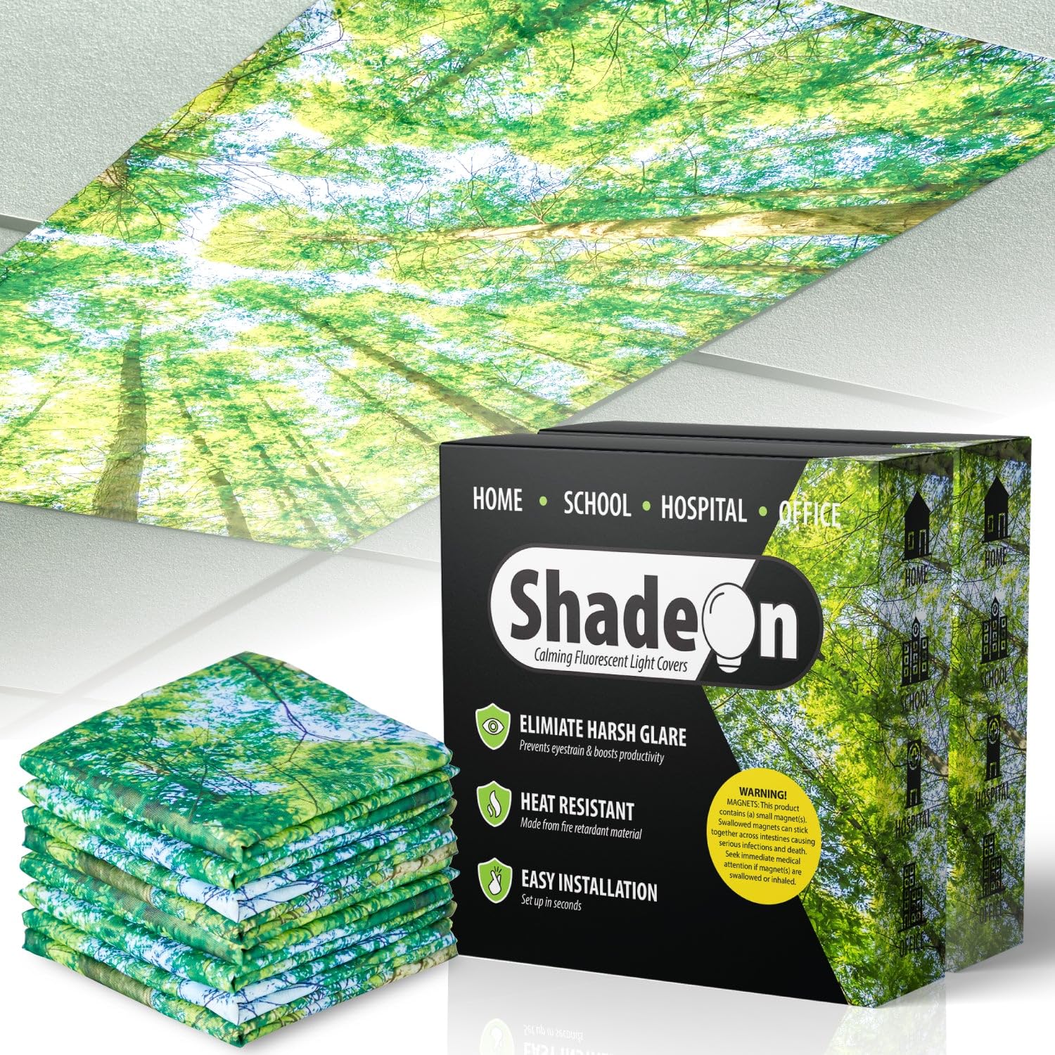 ShadeOn 2x4 ft Magnetic Fluorescent Light Covers for Ceiling Lights (8-Pack) - Office & Classroom Lighting Solution - Forest Canopy Design - Reduce Glare & Eye Strain for Better Work & Study Environment