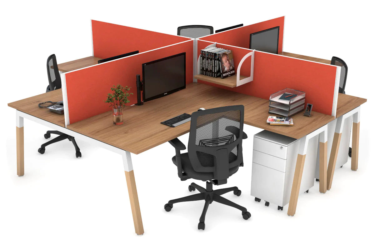Quadro Wood A Legs Cross Beam 4-Person Corner Workstation Desk - 1600L x 1800W with Cable Management Scallop - Perfect for Office, Home Workspace & Collaborative Environments