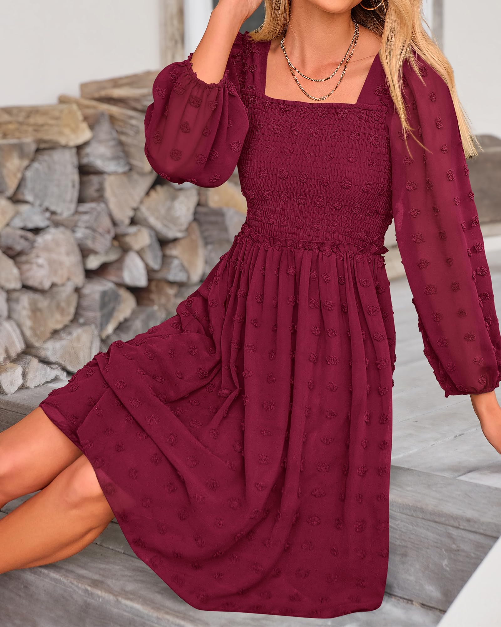 BTFBM Women's Floral Swiss Dot Square Neck Smocked Mini Dress - Long Sleeve Boho Wedding Guest Dress for Spring & Summer 2025 | Perfect for Garden Parties, Bridal Showers & Casual Events