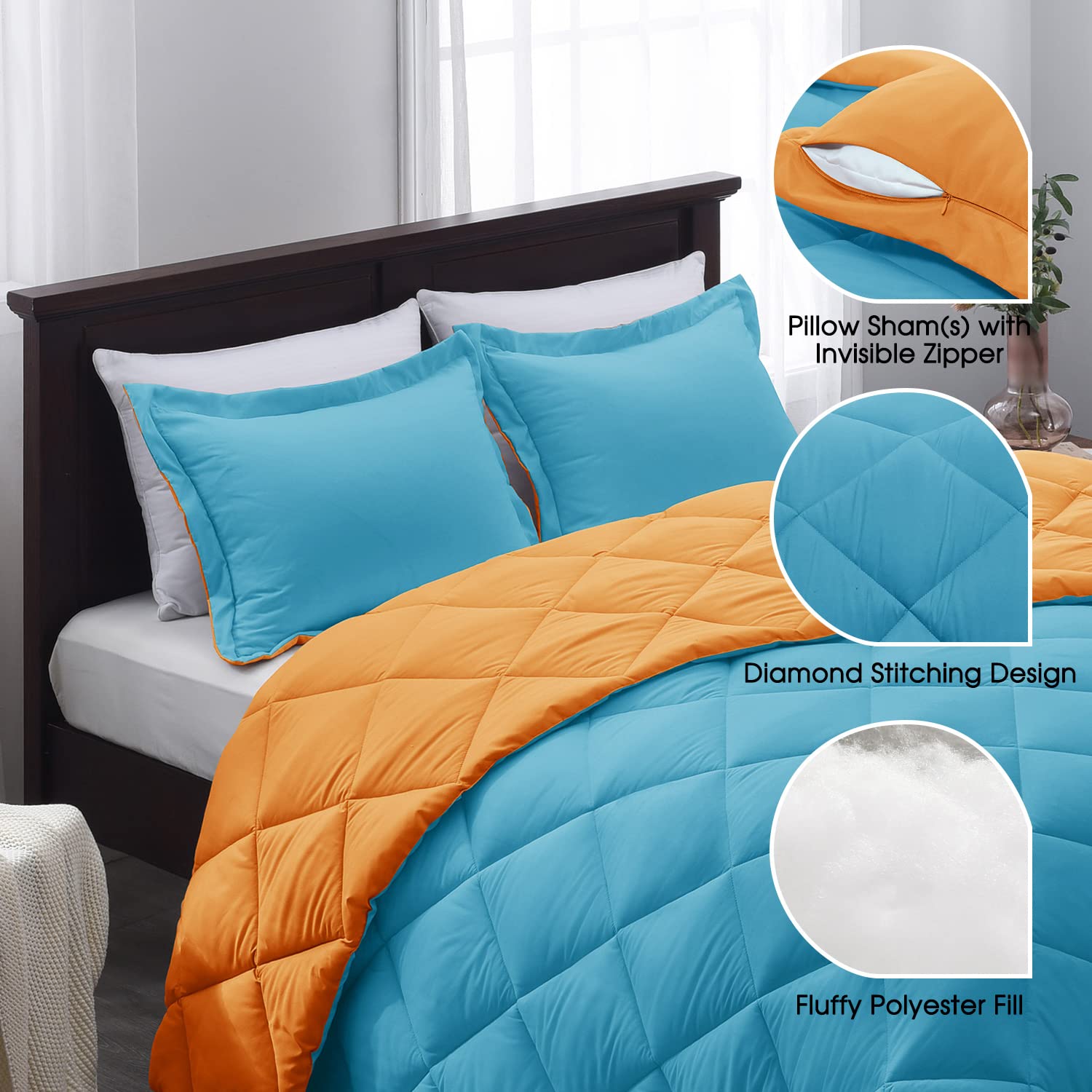 Basic Beyond Queen Comforter Set - Reversible Peacock Blue & Orange All-Season Bedding | 88