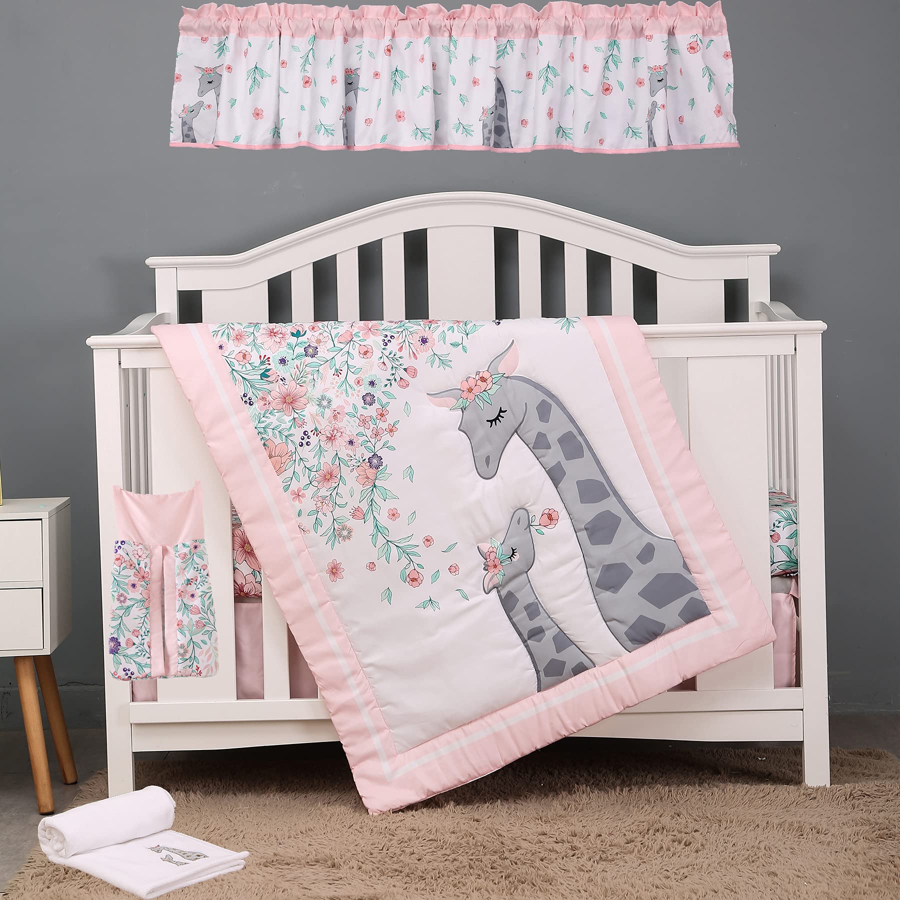 **CribMATE 6-Piece Pink Floral Nursery Crib Bedding Set – Rose Blossom Giraffe Baby Girl Quilt, Fitted Sheet, Skirt, Blanket & Diaper Storage Bag – Pink, Green & Grey – 28