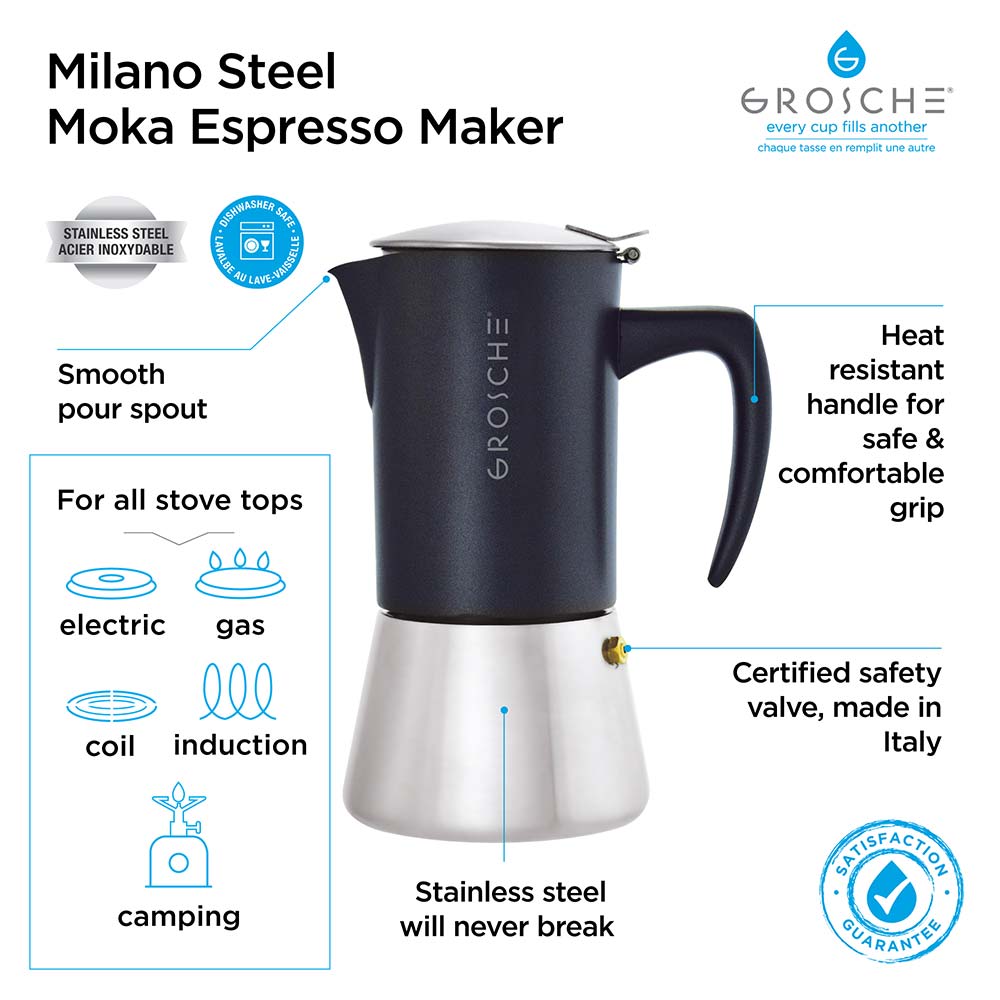 Grosche Milano Stainless Steel Stovetop Espresso Maker - 6 Cup (10.1 fl oz) Capacity, Brushed Finish - Perfect for Home Coffee Brewing & Camping Trips