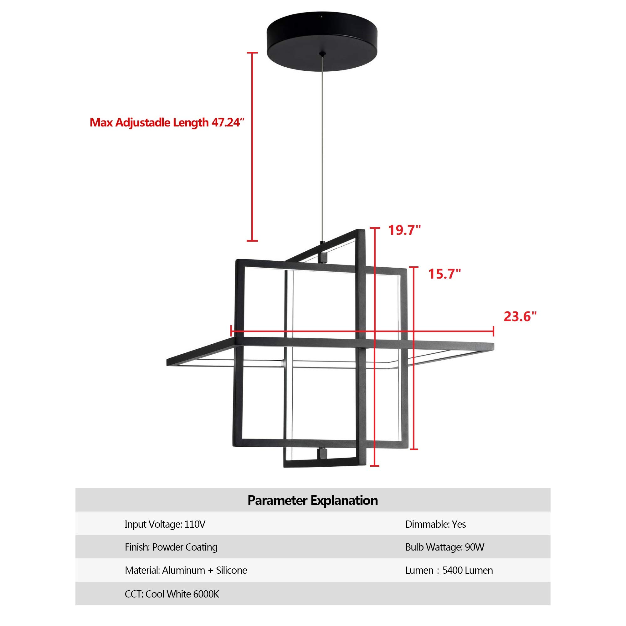 Modern Square LED Chandelier - Dimmable 90W Pendant Light with 6000K Cool White - Contemporary Hanging Light Fixture for Living Room, Dining Room, Bedroom, Kitchen & Study - Perfect for Modern Home Decor & Ambient Lighting (Black)