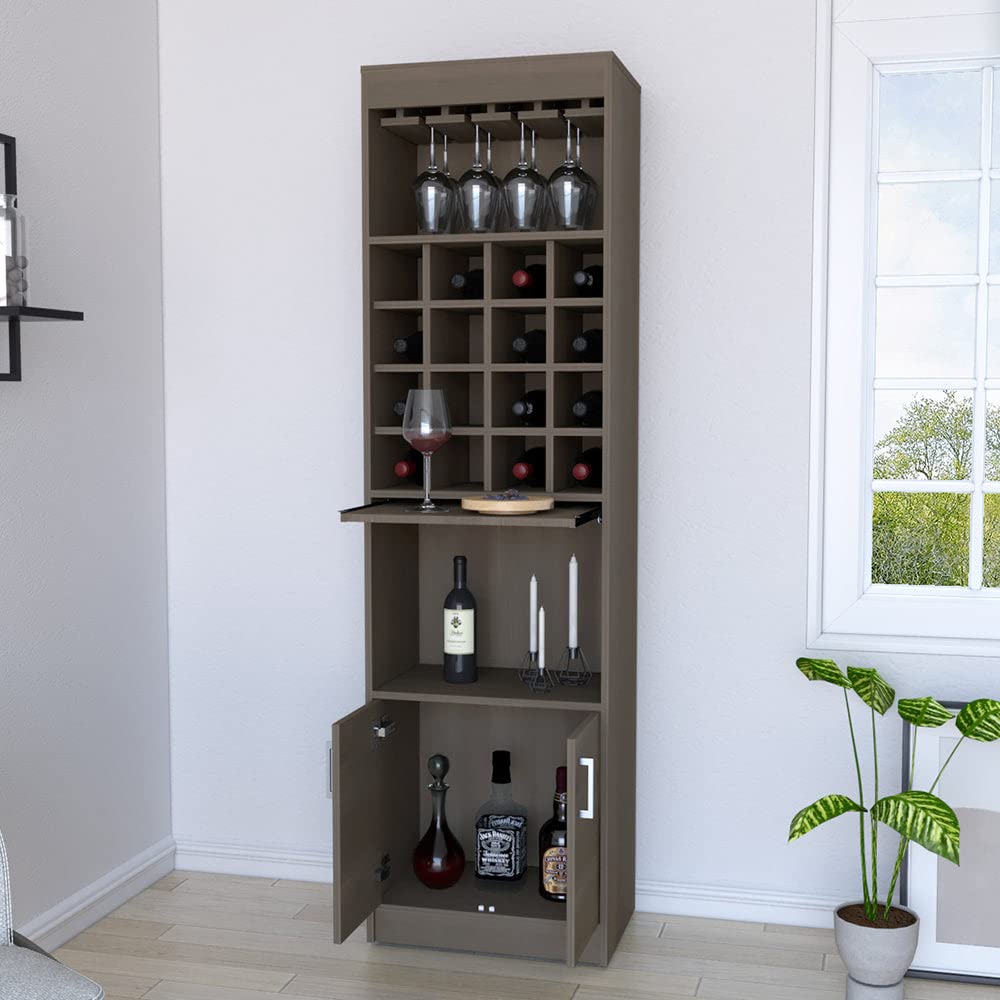 Bar Cabinet Modoc with Extendable Shelf & 16 Wine Cubbies - Smokey Oak Finish | Perfect for Home Bar, Dining Room & Entertaining