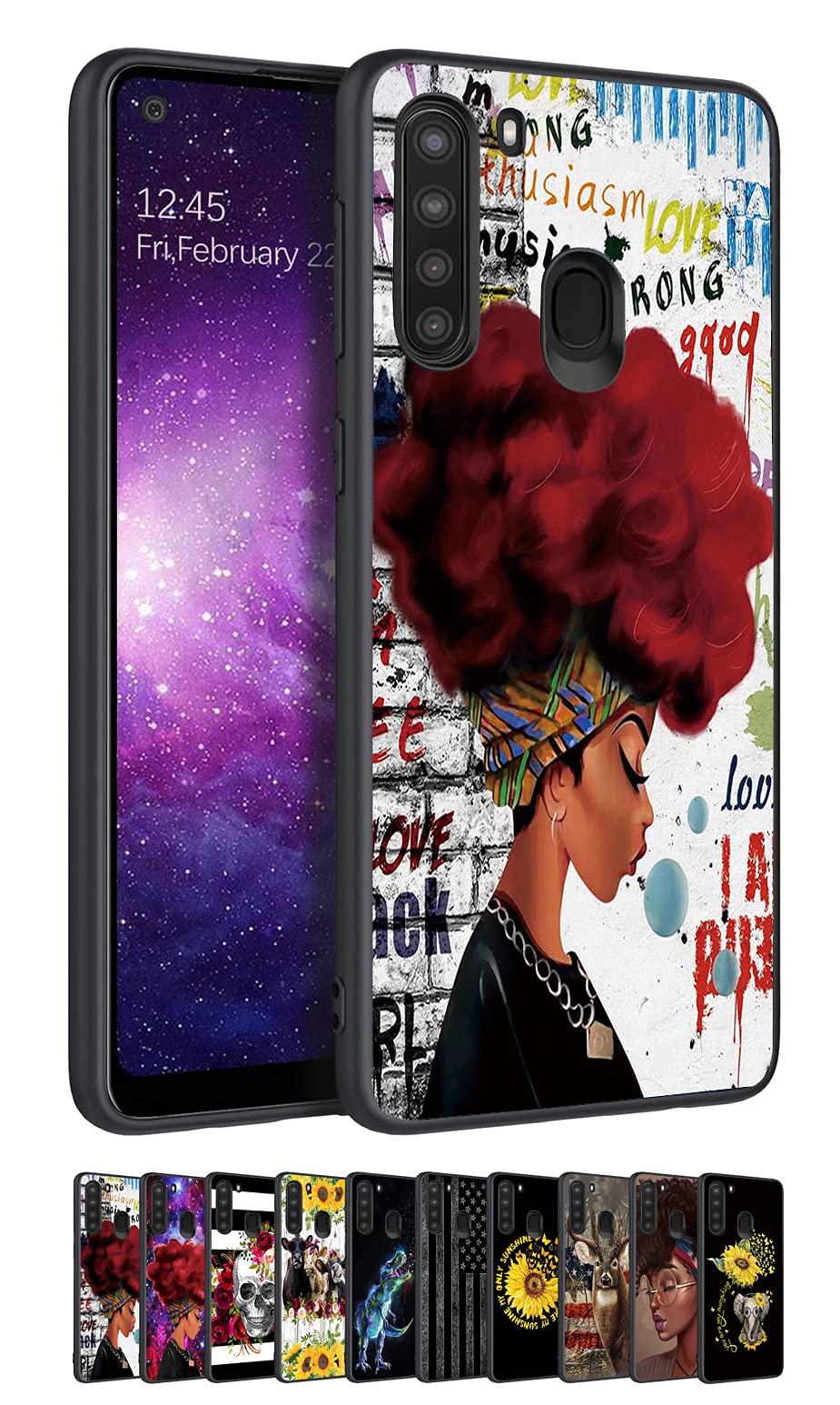 Samsung Galaxy A21 Case - Soft Silicone TPU Bumper with Microfiber Lining | Shockproof, Anti-Scratch Full Body Protection Cover | Stylish African Women with Red Hair Graffiti Design | Perfect for Daily Use, Travel & Outdoor Activities