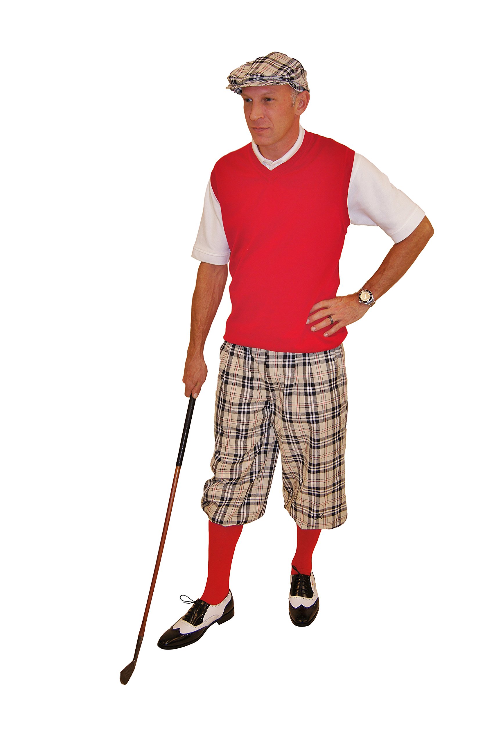 Khaki Turnberry Plaid Knickers & Matching Cap Set with Red Sweater and Socks - Cozy Winter Outfit for Women's Casual Wear and Holiday Fashion