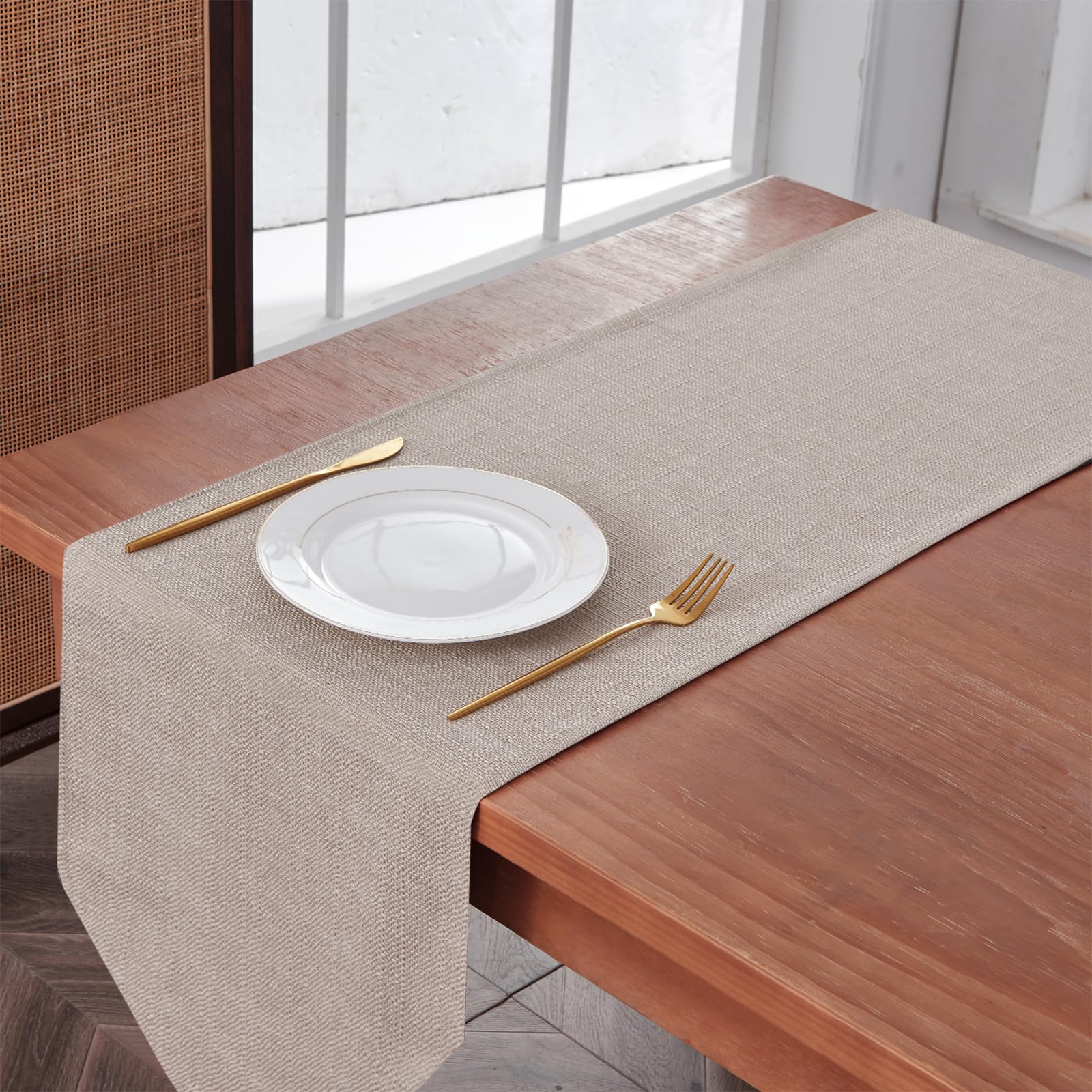 Waterproof Washable Linen Style Table Runner for Kitchen, Coffee Table, Dresser - Thanksgiving Christmas Wedding Decor - Indoor & Outdoor Use - Beige 14x118 Inches - BALCONY & FALCON Home Decor