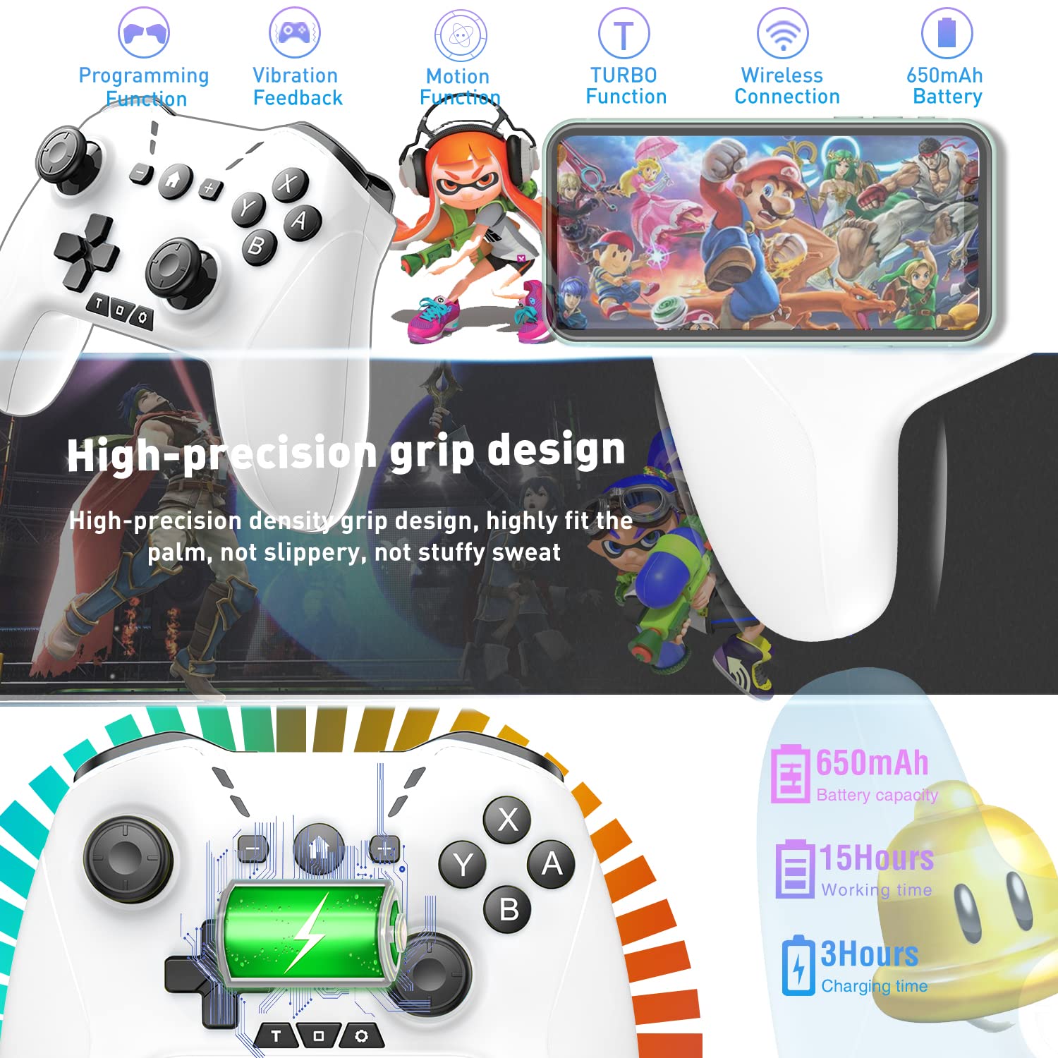 Wireless Bluetooth Controller for Switch/PC/Mobile - Adjustable Motion & Turbo for Gaming