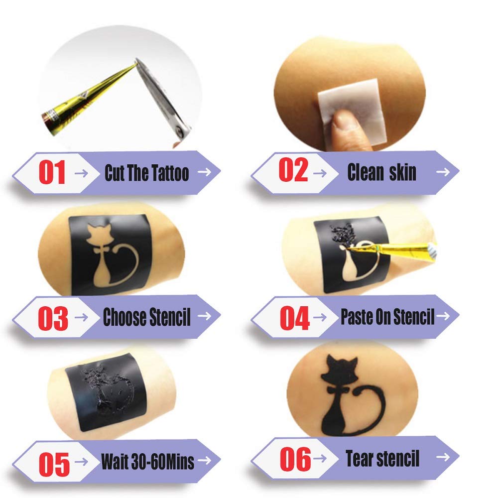 **6Pcs Temporary Tattoo Kit - Semi-Permanent DIY Body Art for Women, Men & Kids - Includes 3 Colors, 20 Adhesive Stencils & 4 Nozzles - Perfect for Parties, Festivals & Summer Fun**