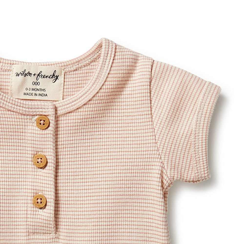 Organic Cotton Striped Rib Henley Baby Grow Suit - Soft & Breathable One-Piece for Newborns & Infants - Perfect for Playtime, Sleep & Everyday Comfort