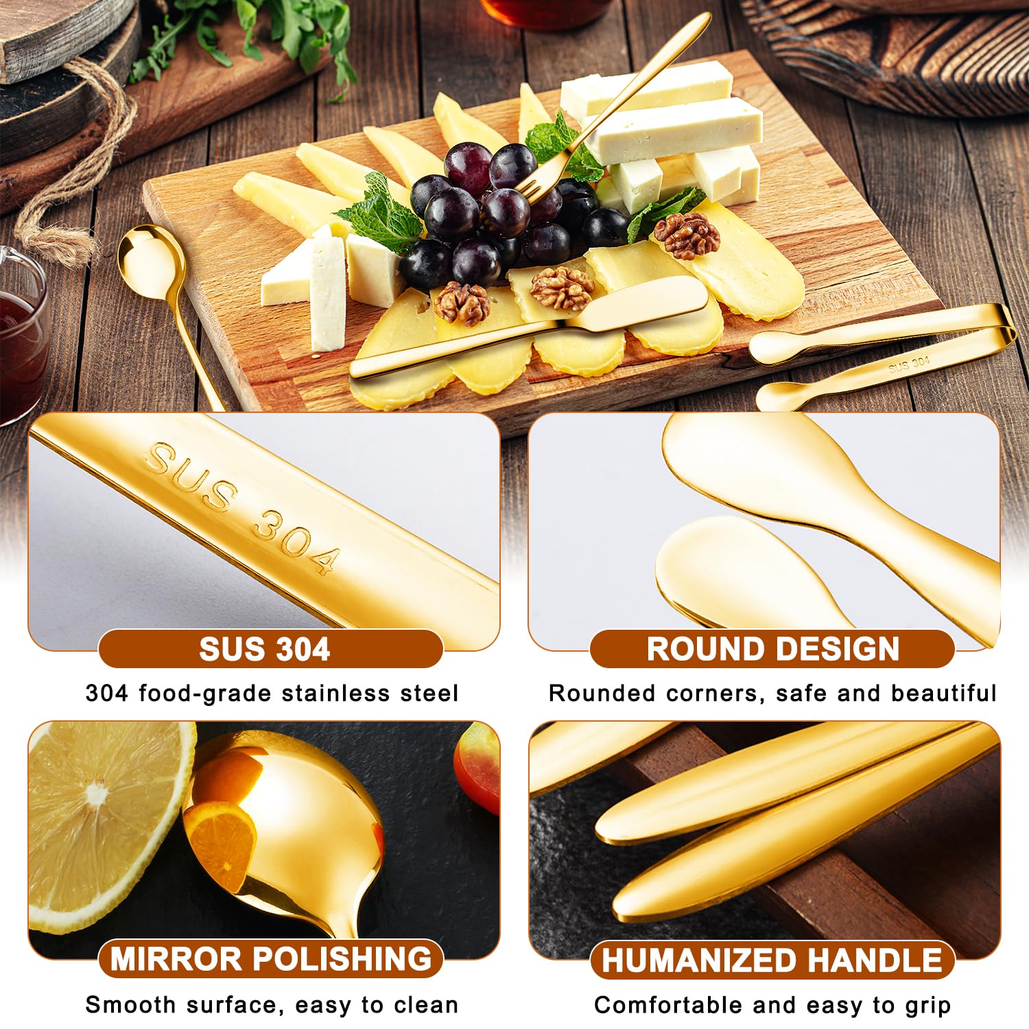 Premium Stainless Steel Cheese Butter Spreader Knife Set - Charcuterie Board Accessories Kit with Small Serving Tongs & Mini Forks - Perfect for Charcuterie Platters, Cheese Boards, Pastry Making and Dinner Party Serving