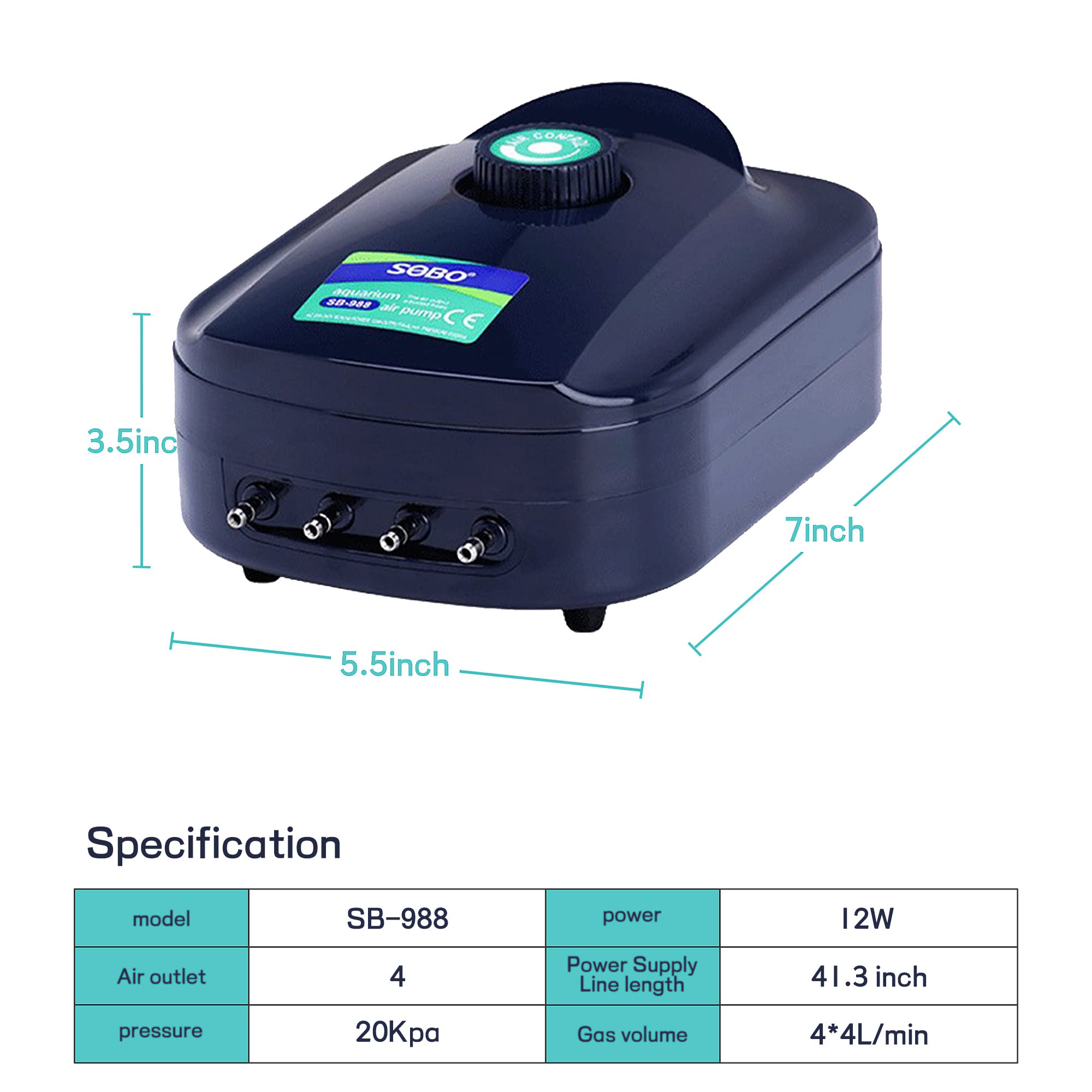 SUNWEN Ultra Silent Aquarium Air Pump - Fish Tank Oxygen Pump with Air Stone, Check Valves & Tubing for Freshwater & Saltwater Tanks - Perfect for Home, Office & Aquarium Decor