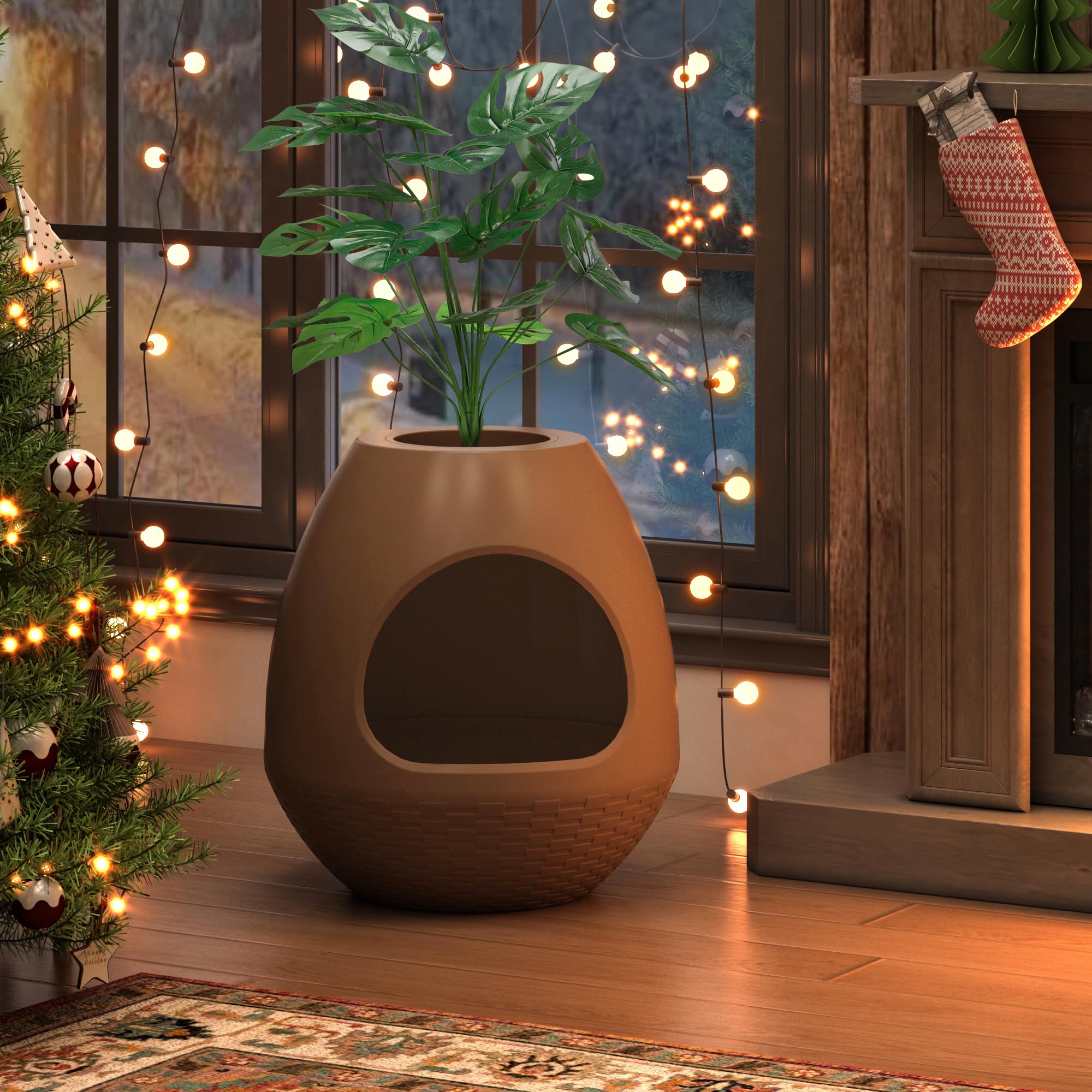 Eggloa6 Hidden Cat Litter Box with Artificial Plants - DIY Discreet Litter Box Furniture for Home Decor (Coffee Brown) - Perfect for Small Spaces & Pet-Friendly Living Rooms
