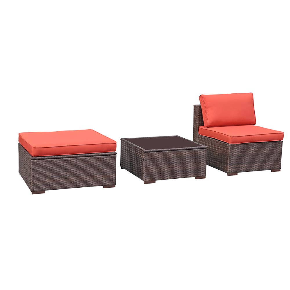 OC Orange-Casual 3-Piece Patio Furniture Set - Armless Wicker Sofa, Ottoman & Coffee Table with Back Seat Cushions (Brown Wicker & Orange Cushion) for Outdoor Relaxation, Garden, Poolside & Backyard Lounging