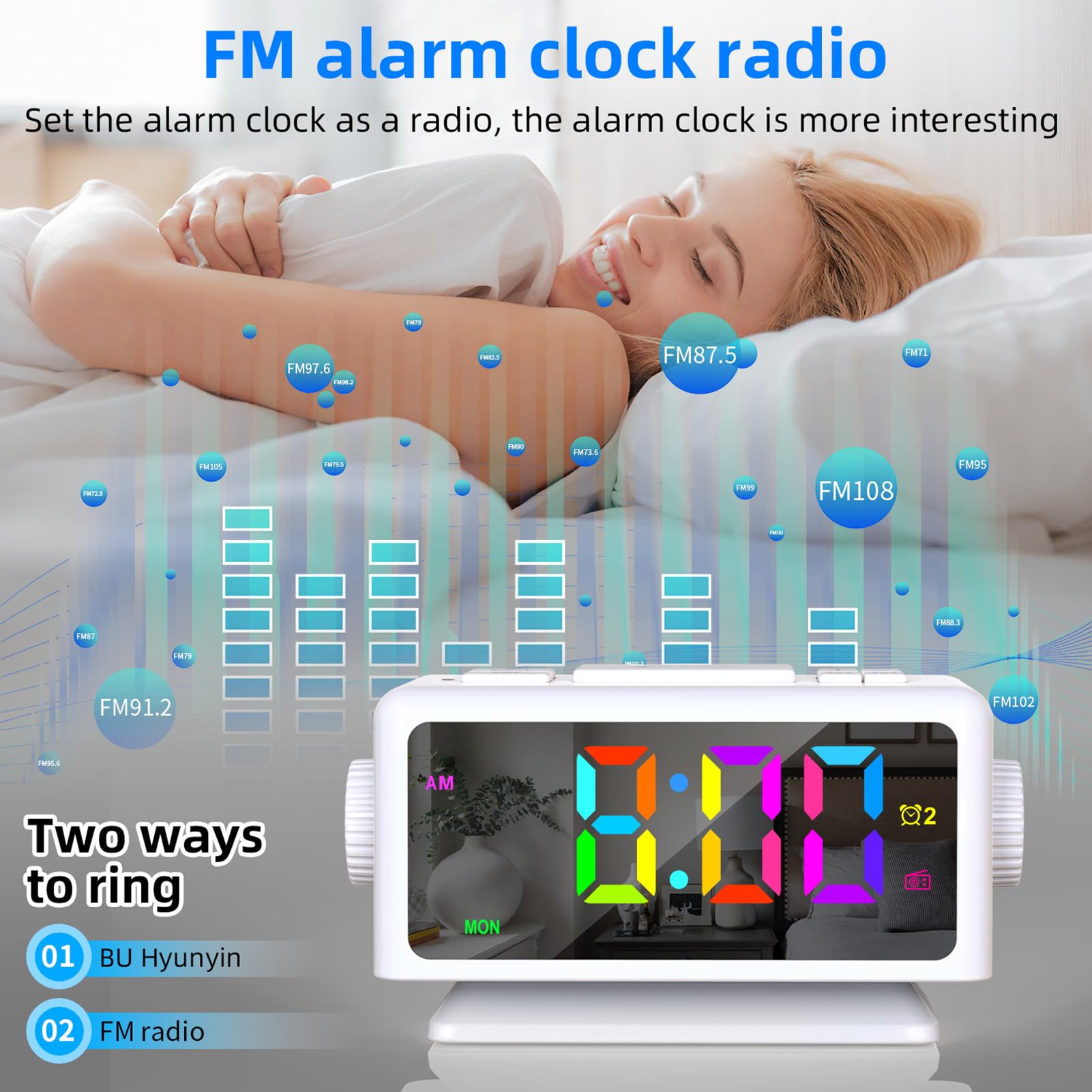 ThreeH RGB LED Alarm Clock with FM Radio, 12/24H Time Display, Dual USB Charging Ports & Adjustable Brightness - Perfect for Bedrooms, Kids Rooms & Seniors | White