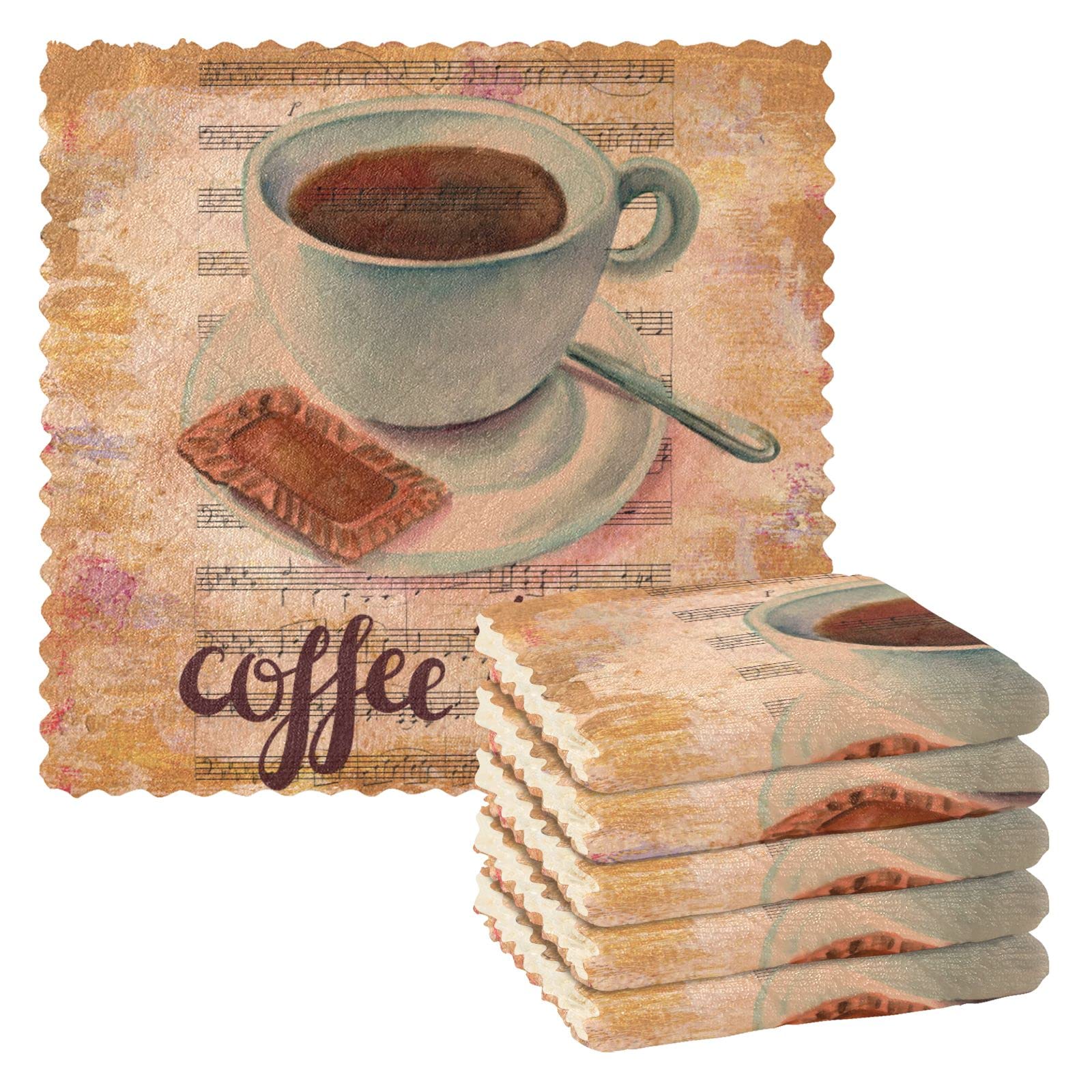 Vintage Coffee Cup Swedish Dish Cloths - 6 Pack Reusable Absorbent Sponge Cleaning Cloths | Quick-Drying Washable Kitchen Towels for Dishes, Countertops & Household Cleaning