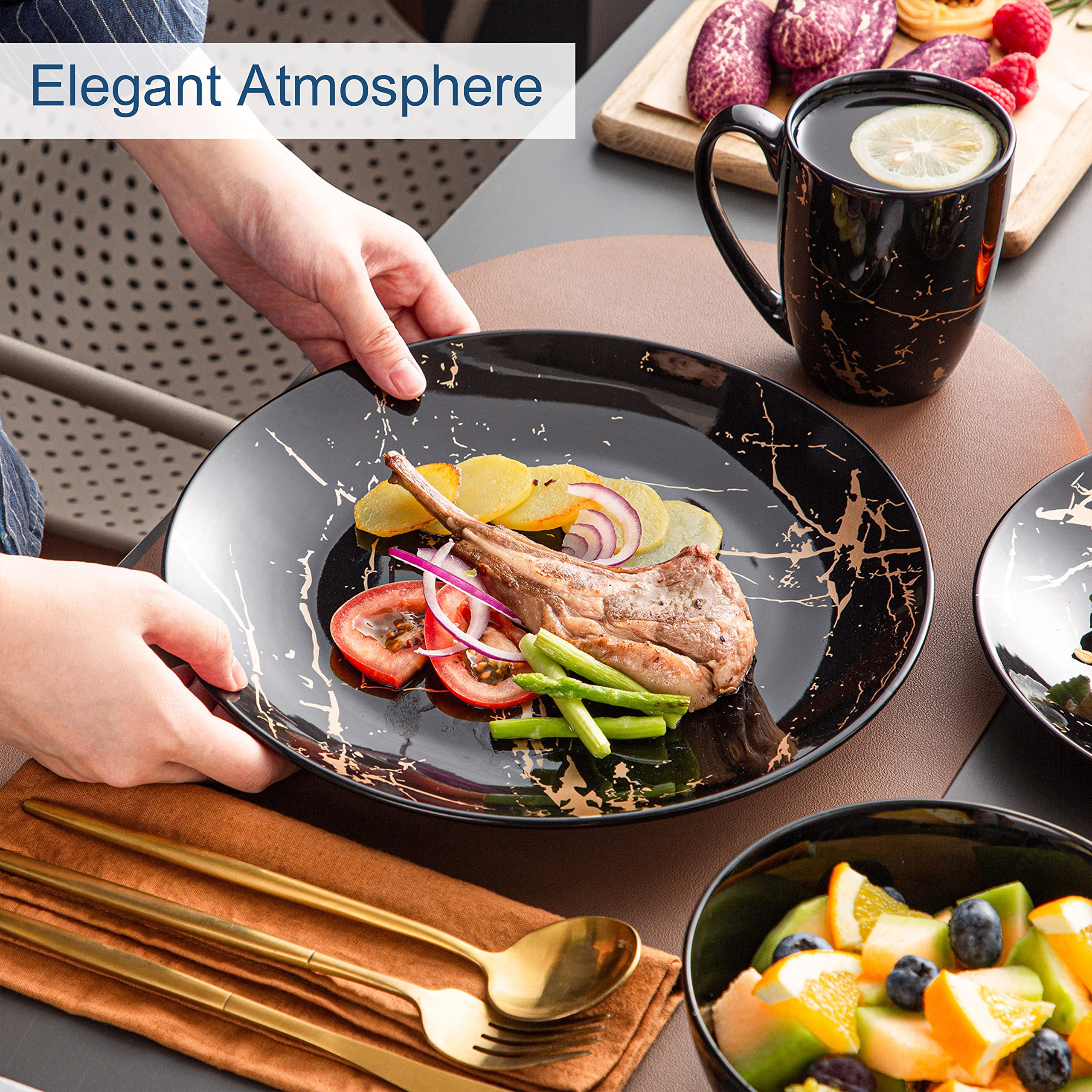 LOVECASA 32-Piece Black Porcelain Dinnerware Set for 8 - Gold Splash Glaze Round Plates, Bowls & Mugs - Modern Dish Set - Dishwasher & Microwave Safe - Perfect for Family Dinners, Dinner Parties & Restaurant-Style Dining