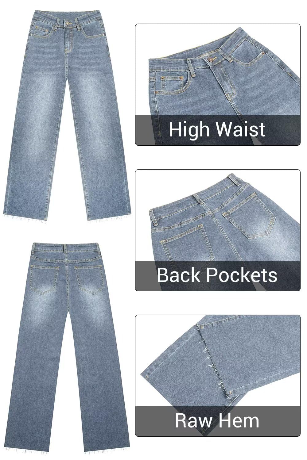 Women's High Waisted KDF Straight Leg Jeans - Frayed Raw Hem, Stretchy Loose Fit Cropped Wide Leg Baggy Pants | Casual Outfit, Streetwear Style for Everyday Wear
