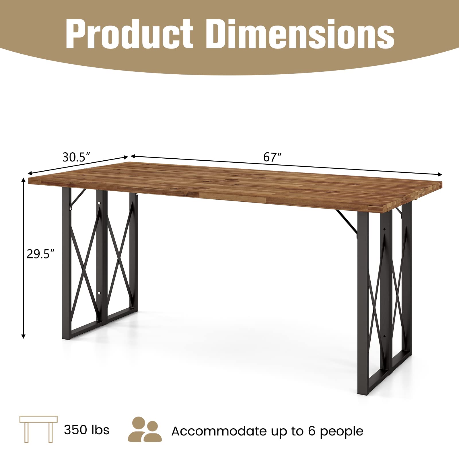 Tangkula 67 Inch Acacia Wood Outdoor Dining Table with Umbrella Hole - Heavy-Duty Metal Frame Patio Table for 6 - Perfect for Backyard BBQ, Garden Parties & Indoor Outdoor Entertaining