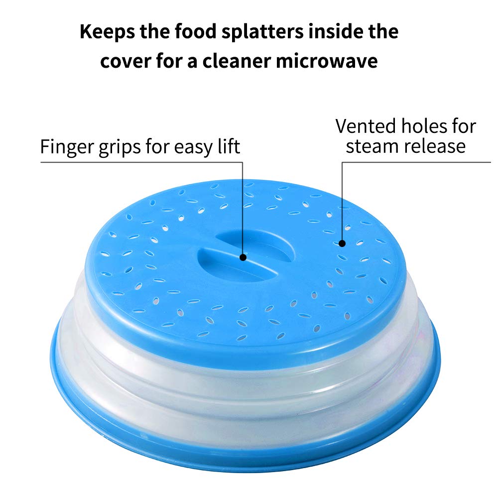2 Pack Microwave Splatter Cover – Vented Collapsible Microwave Food Cover with Easy Grip Handle, Dishwasher-Safe, BPA-Free Silicone & Plastic – 10.5 Inch Round (Blue) – Perfect for Reheating Food & Preventing Messes in Microwave