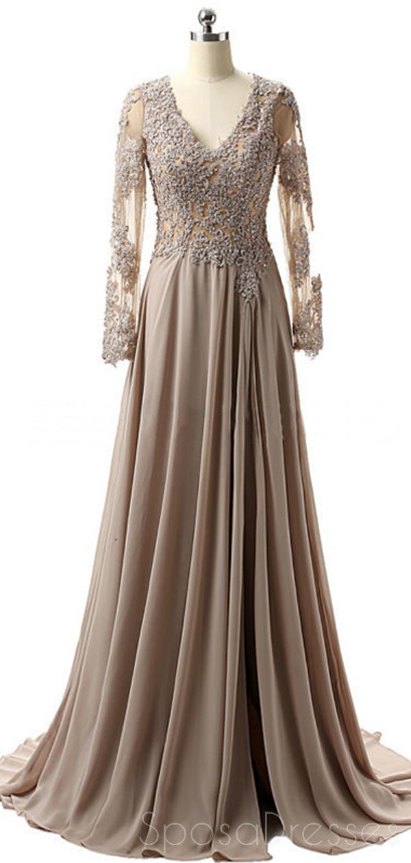 Elegant Grey Long Sleeve Lace Side Slit Prom Dress for Sweet 16, Evening Gown for Formal Events, Homecoming & Special Occasions - Style 18353