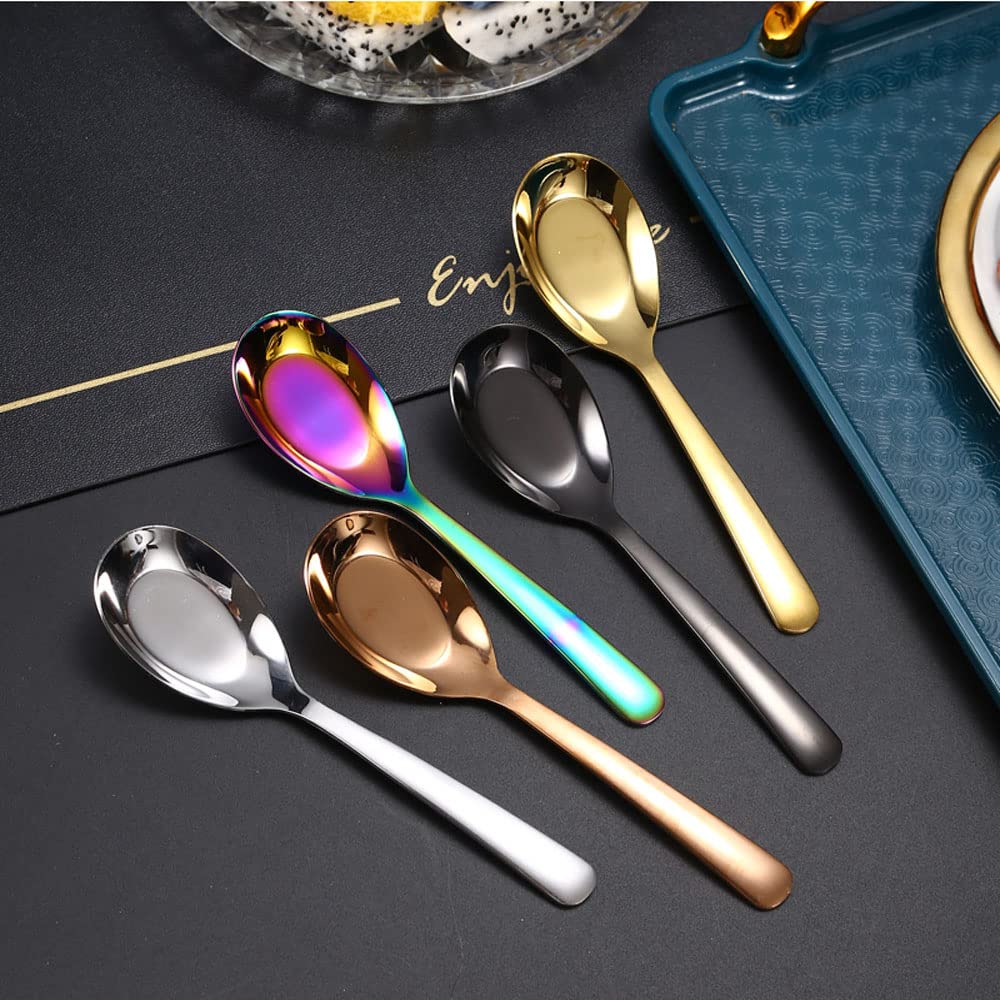 5-Piece Stainless Steel Soup Spoons Set - Mirror Finish Kitchen Serving Spoons for Dessert, Coffee, Ice Cream - Perfect for Soup, Rice, Tea, Milk & Desserts (Golden) - Ideal for Dining, Restaurants & Home Kitchen Use
