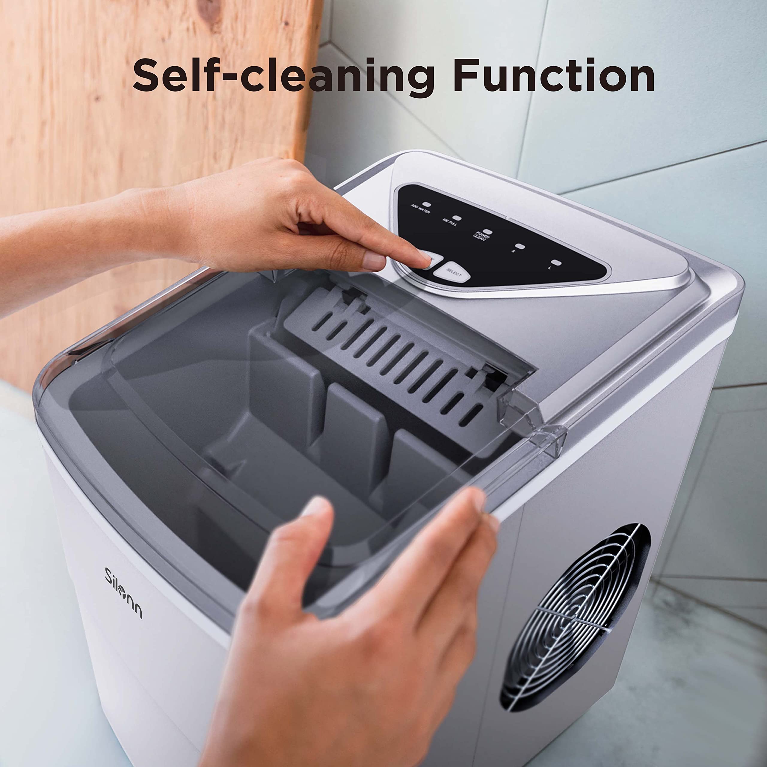 Silonn Countertop Ice Maker Machine - 9 Cubes in 6 Minutes, 26lbs Daily - Self-Cleaning with Ice Scoop & Basket - 2 Bullet Ice Sizes for Home, Kitchen, Office, Bar & Party Use - Silver (Perfect for Cocktails, Beverages & Entertaining)