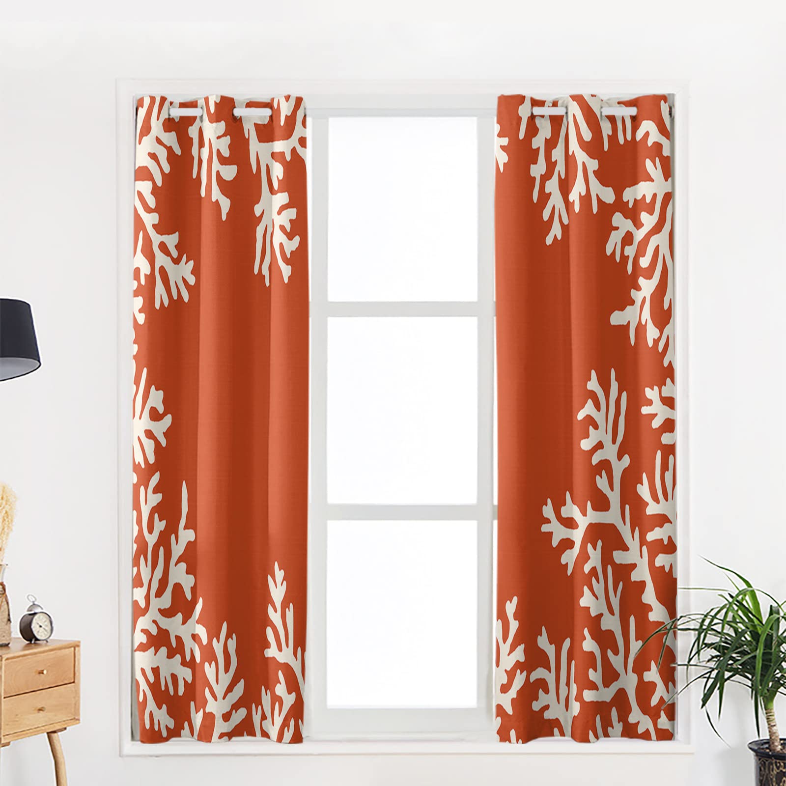 Premium Coral Print Blackout Curtains - Thermal Insulated Room Darkening Window Drapes with White Coral & Orange Design for Living Room & Bedroom (52x96 Inches, 2 Panels) - Perfect for Coastal Decor, Sun Protection & Energy Efficiency
