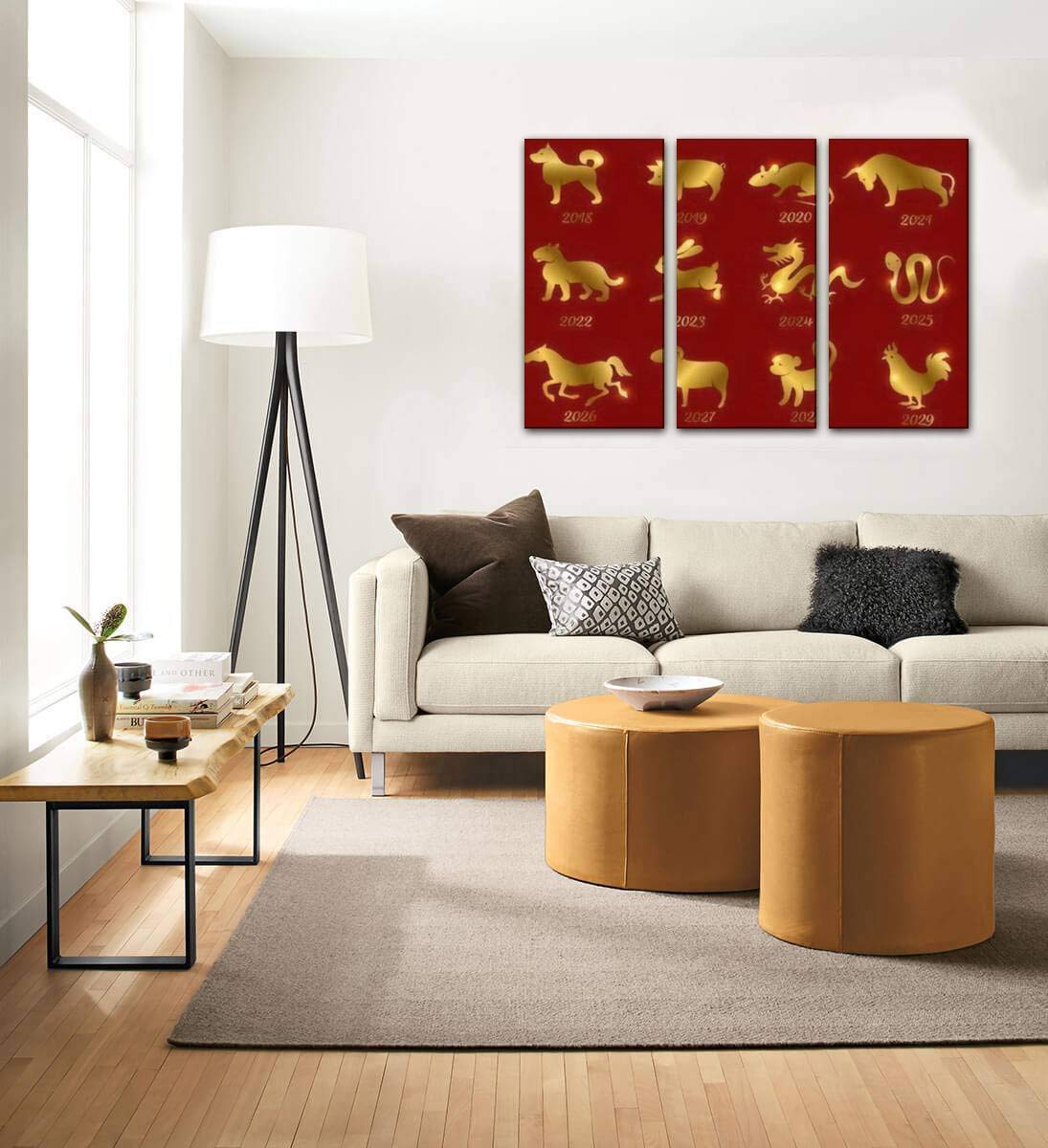Chinese Zodiac Animals Gold Symbols Wall Art - 3 Panels Canvas Print Painting for Modern Home Decor | Perfect for Living Room, Bedroom & Office