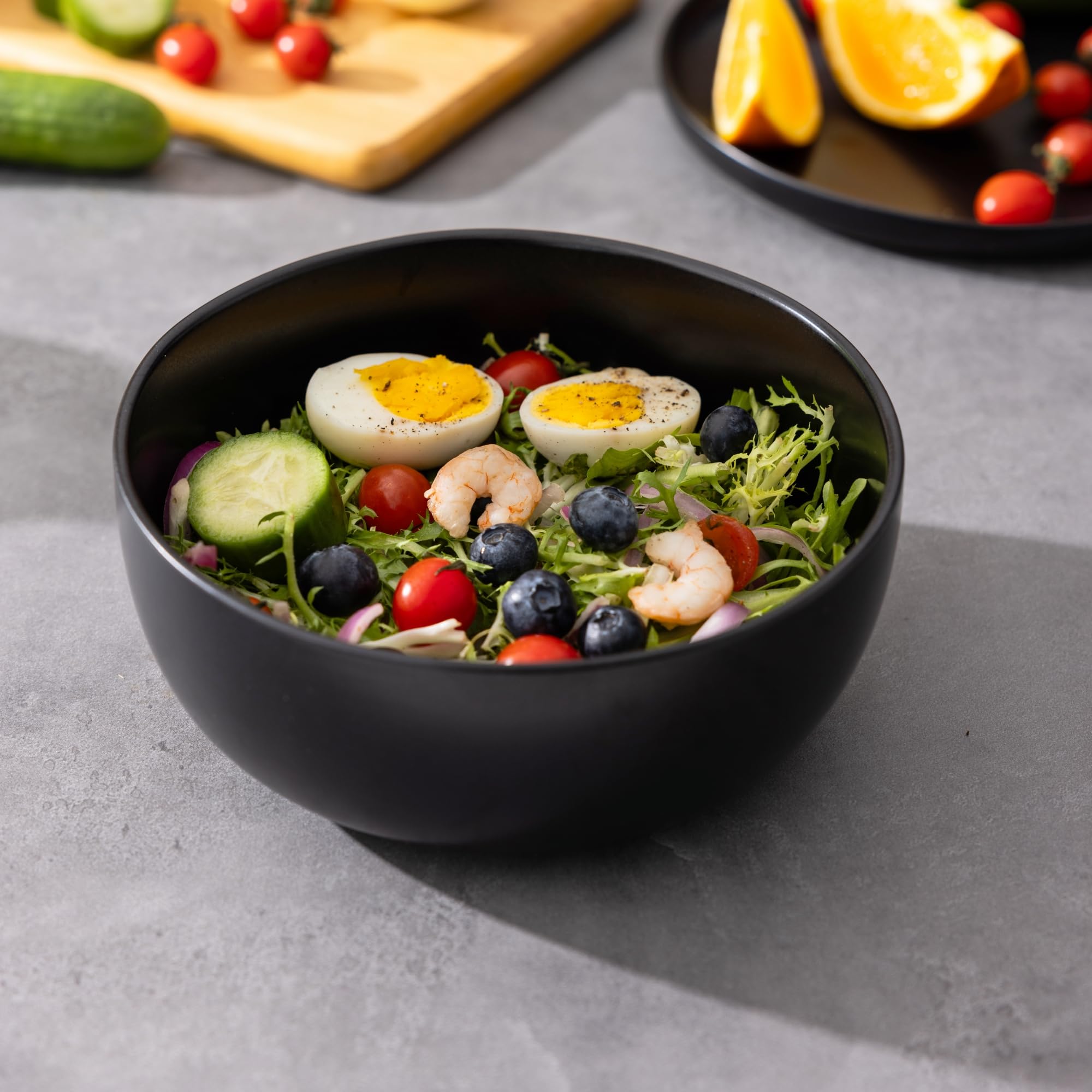 AmorArc 28oz Stoneware Cereal & Soup Bowls Set of 4 - Microwave, Oven & Dishwasher Safe Ceramic Kitchen Bowls with Wavy Rim - Matte Black for Breakfast, Lunch & Dinner Serving