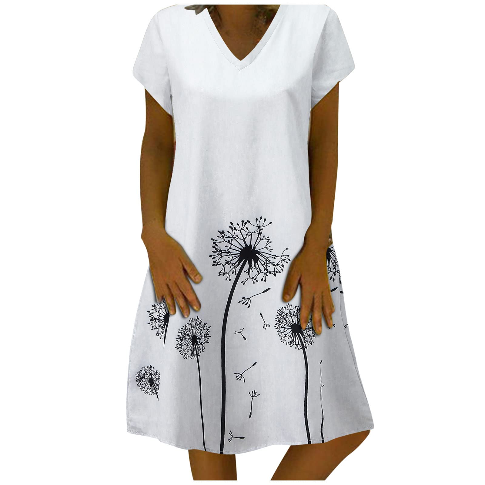 Women's Summer Dresses - V Neck Short Sleeve T-Shirt Dress Casual Loose Fit with Dandelion Print | Beach Sundress for Vacation, Outdoor Picnic & Summer Parties