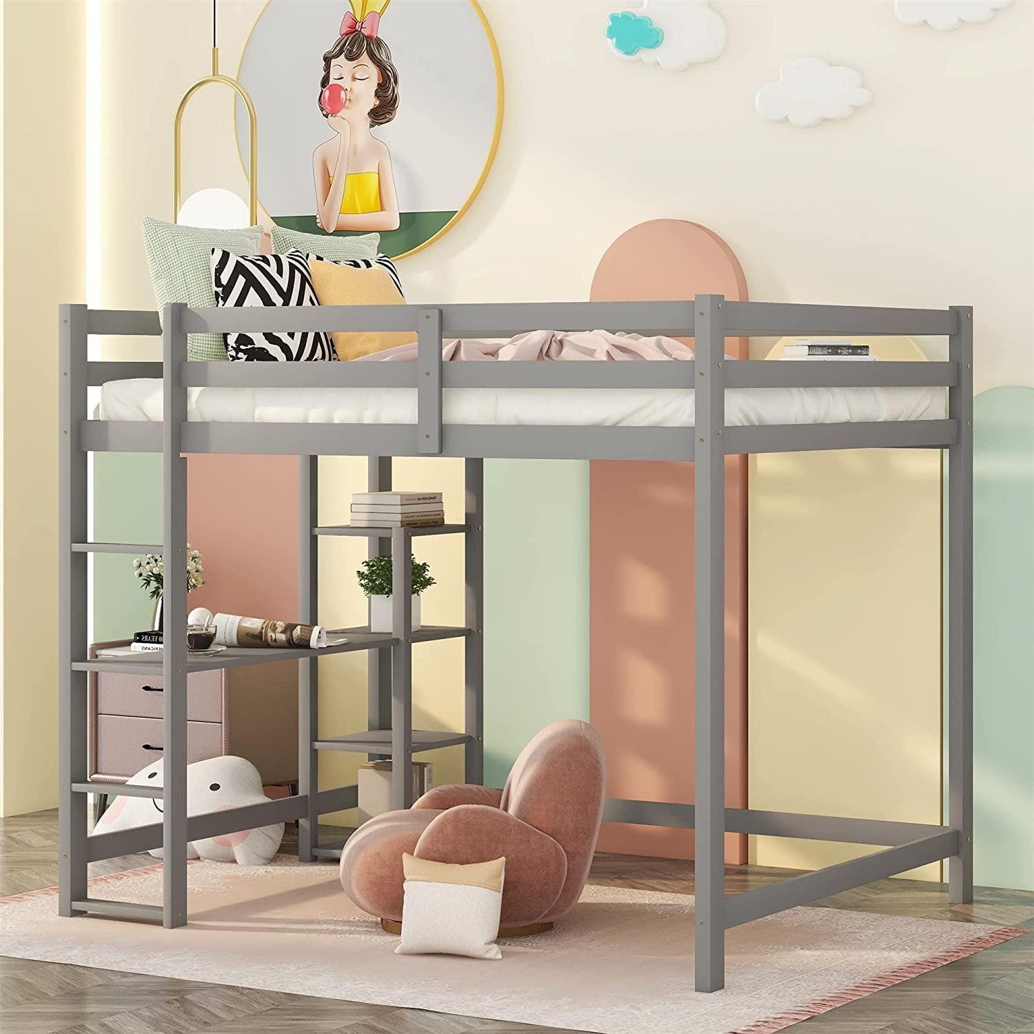 Harper & Bright Designs Full Size Loft Bed with Desk & Shelves - Sturdy Wooden Loft Bed Frame for Kids, Teens & Adults - No Box Spring Needed (Gray) - Perfect for Small Bedrooms, Dorms & Space-Saving Kids Rooms